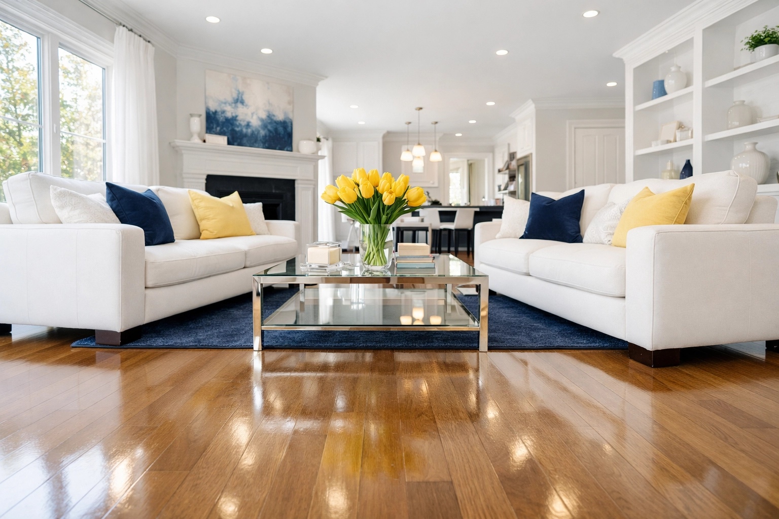 Clean living room with polished hardwood floors after weekly house cleaning service in Shirley.