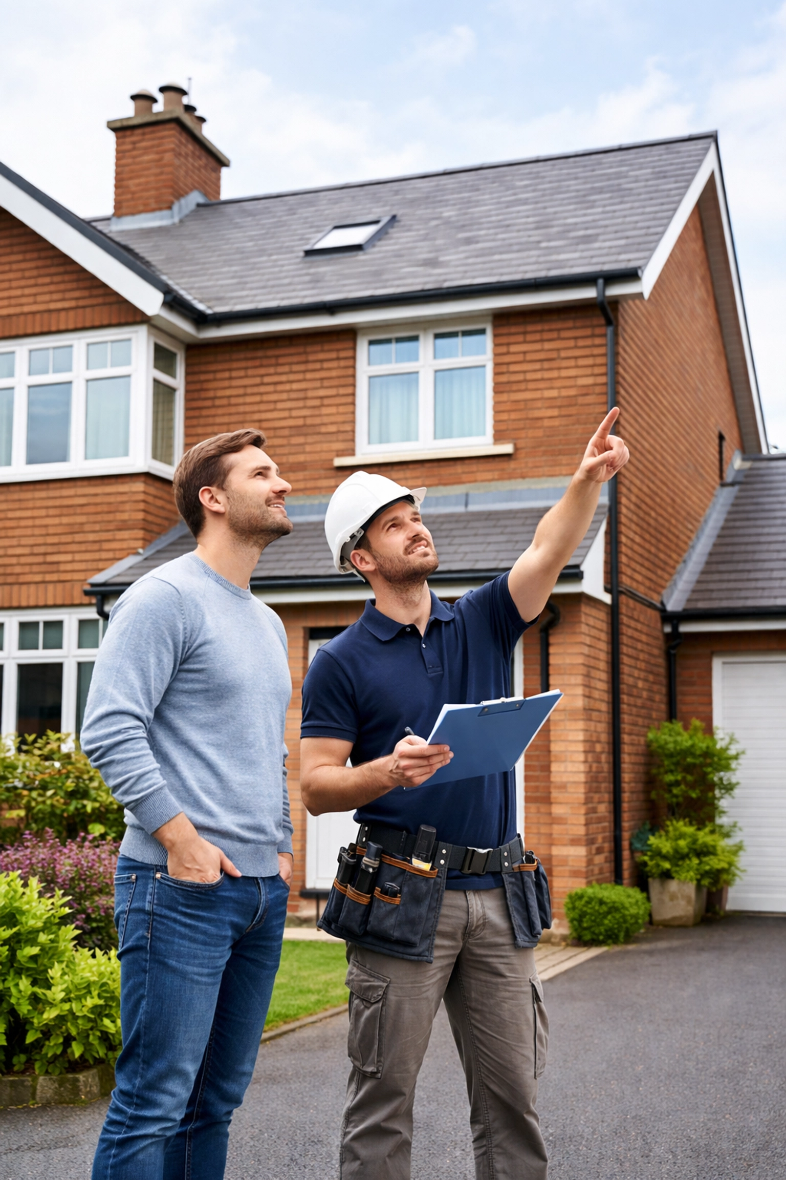 Belfast homeowner and roofing contractor discussing rooftop inspection before solar panel installation