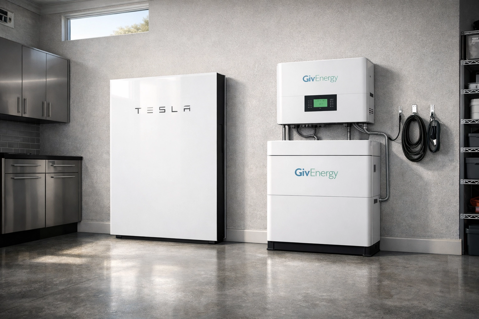 Tesla Powerwall and GivEnergy battery storage systems installed in a modern garage for home energy independence.