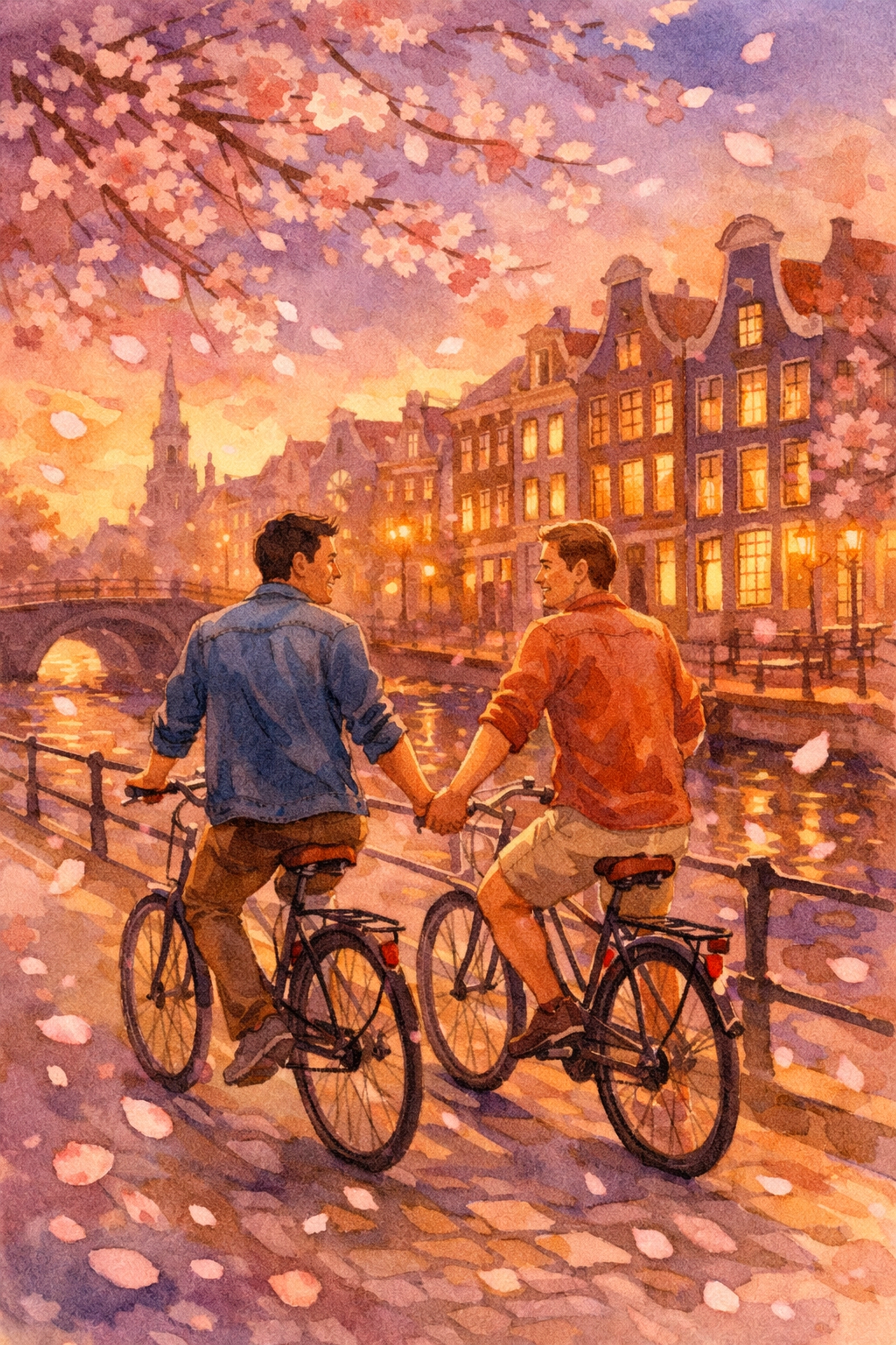 Gay couple cycling hand-in-hand along Amsterdam canal during romantic honeymoon
