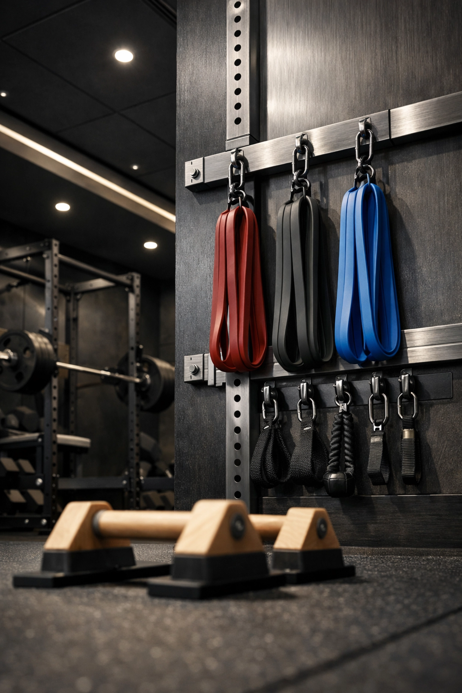 Versatile home gym setup featuring professional resistance training bands and calisthenics equipment for home.