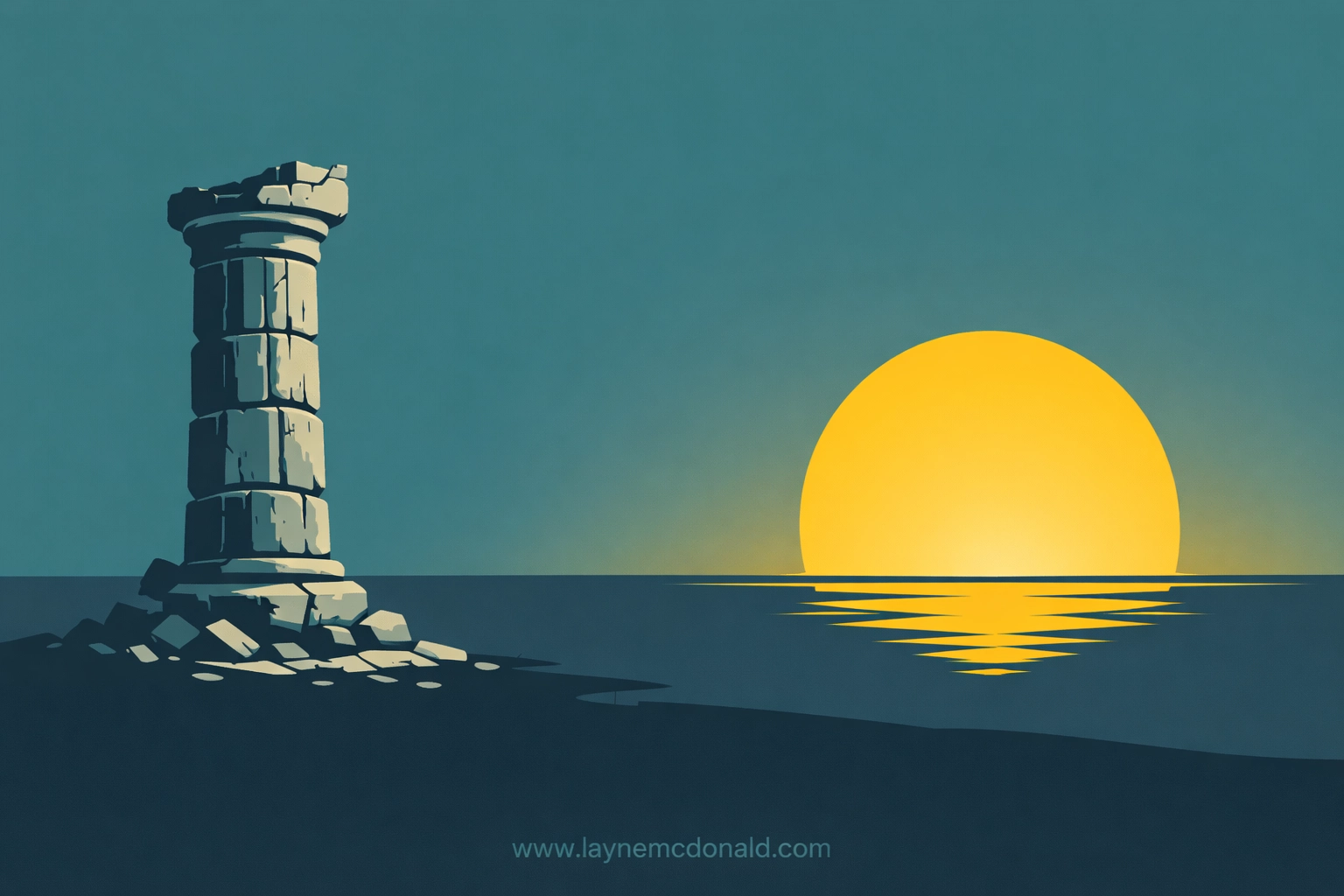 A rising sun beside a broken pillar representing divine restoration and separating God's character from human failure.