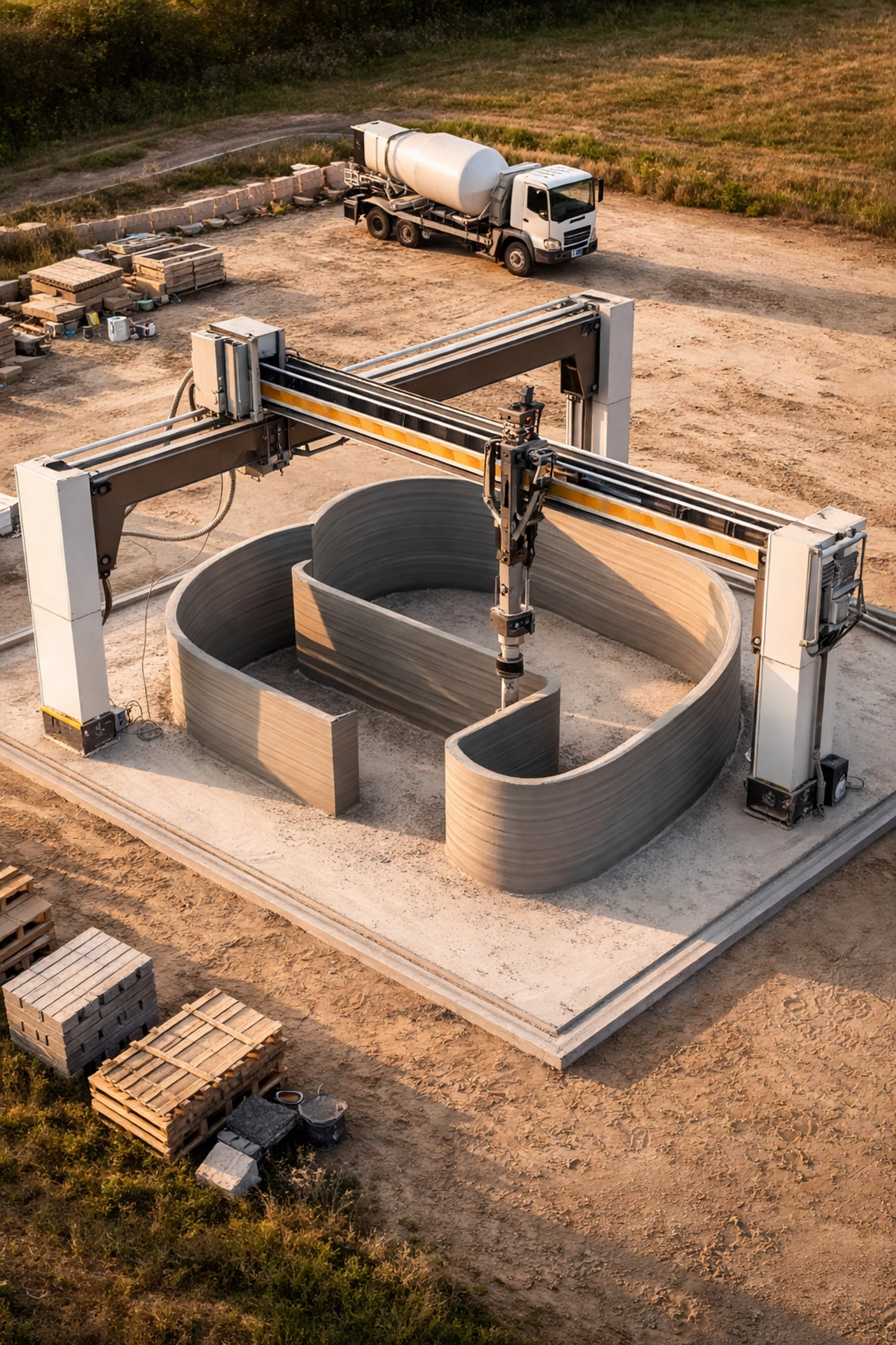 Aerial view of 3D concrete printer building curved walls for a residential ADU on a Sacramento site