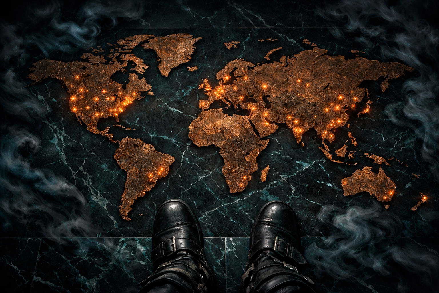 Bronze world map on a dark floor with boots, symbolizing author Tigris Eden’s global book availability.