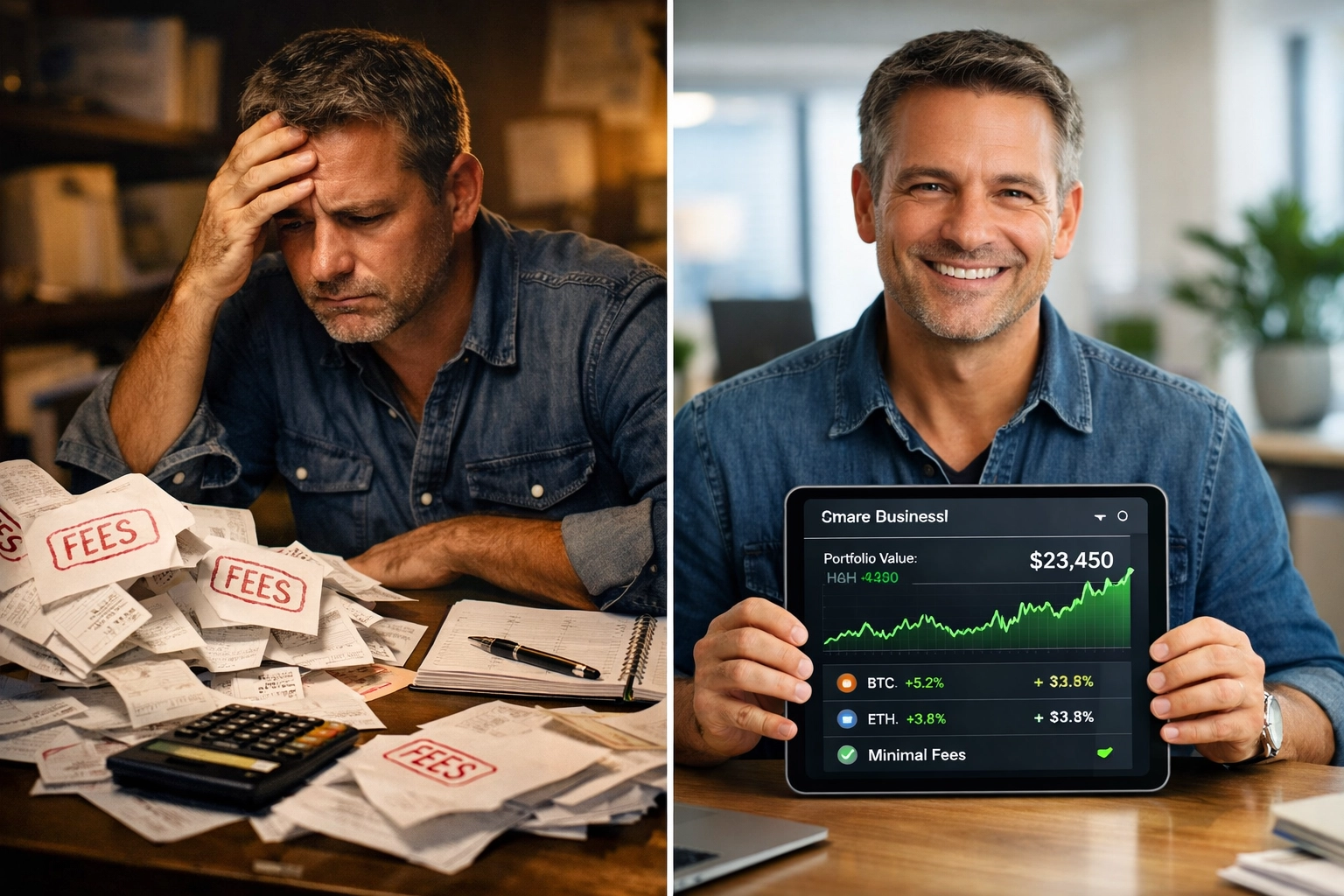 Small business owner comparing traditional payment fees to crypto POS savings