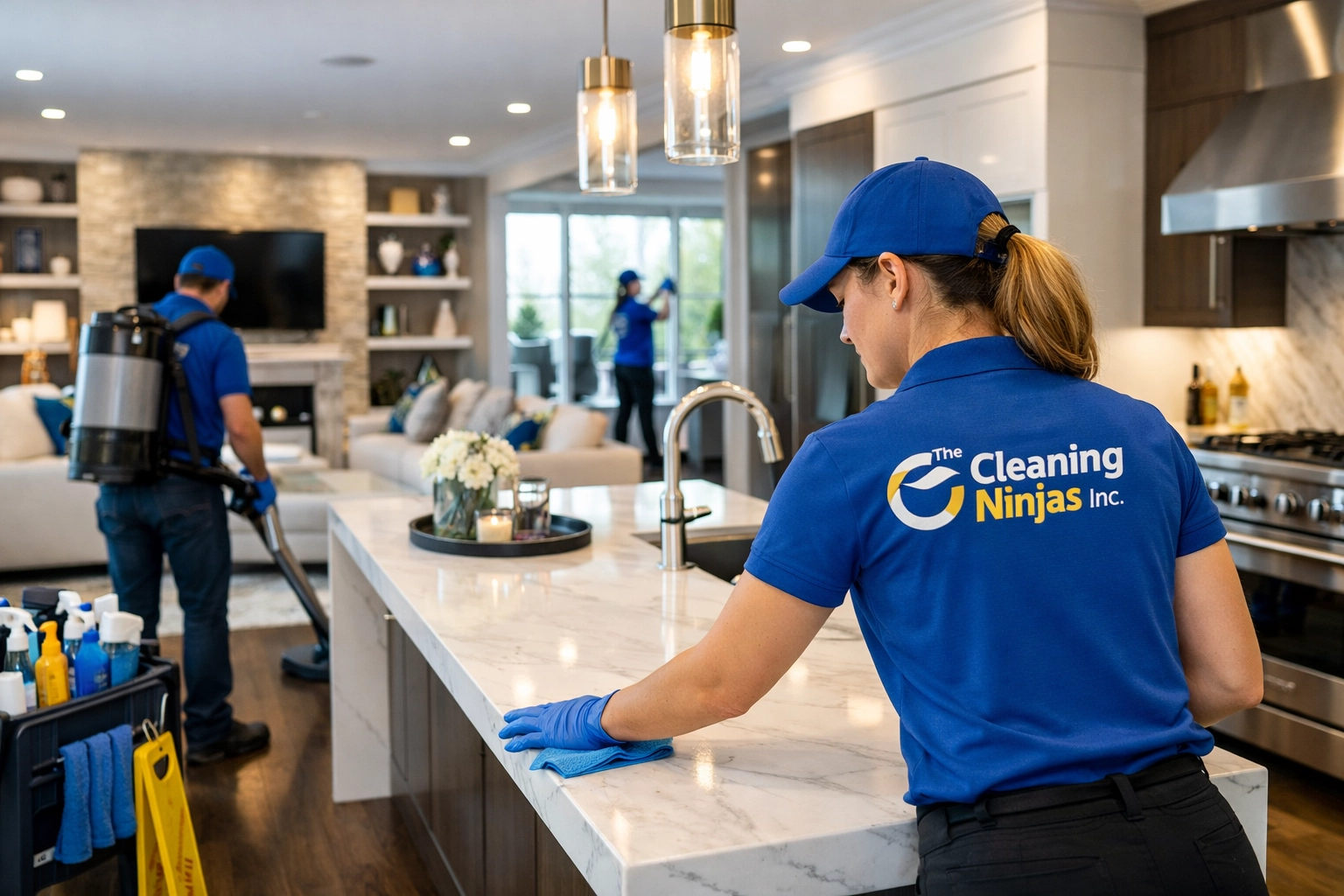 Professional team performing construction cleanup services in a sunlit Massachusetts commercial building lobby. A professional cleaning team in high-visibility gear using industrial HEPA vacuums for construction cleanup services in a modern Massachusetts building.