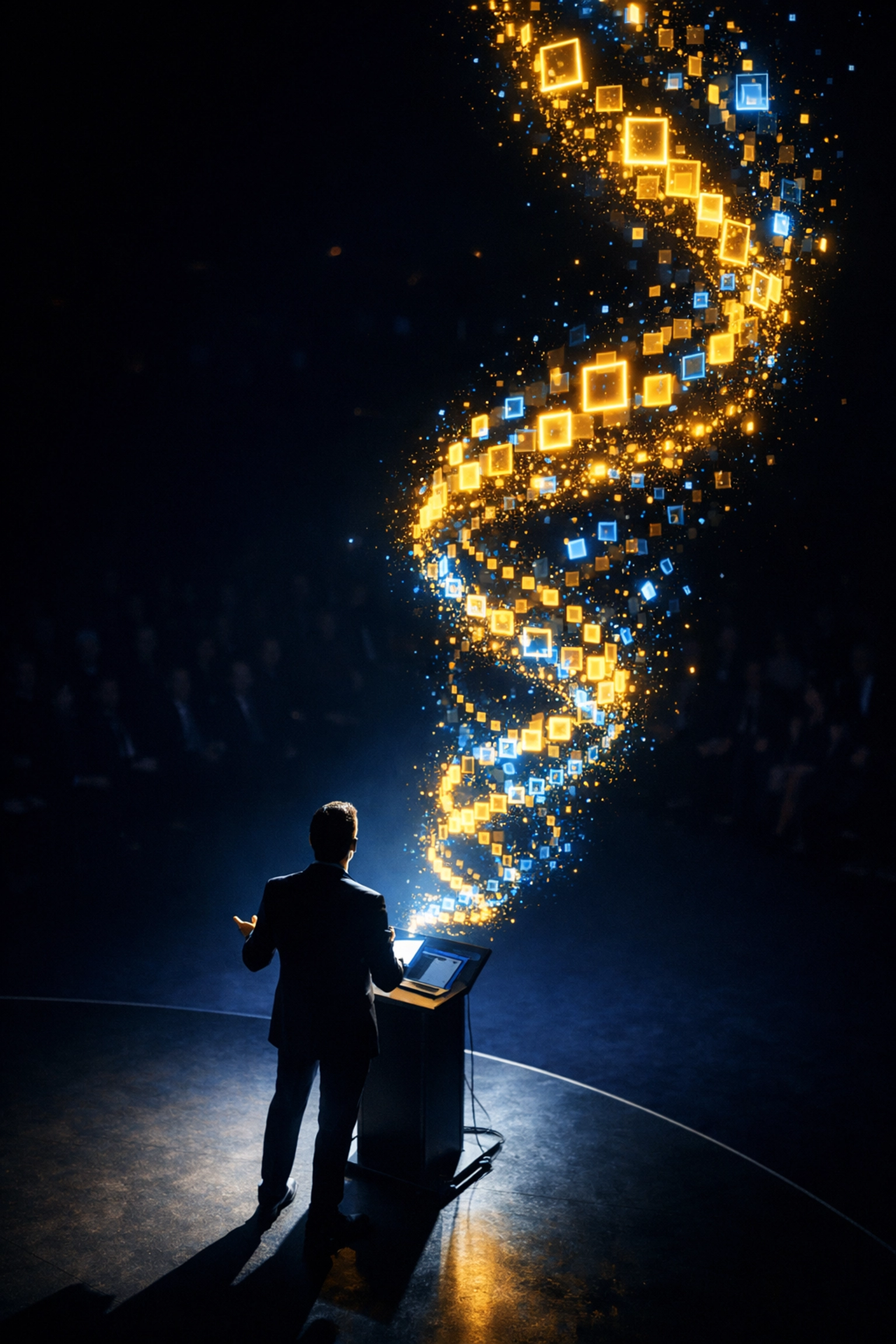 Professional speaker on stage with glowing digital frames representing AI content multiplication and scaling.
