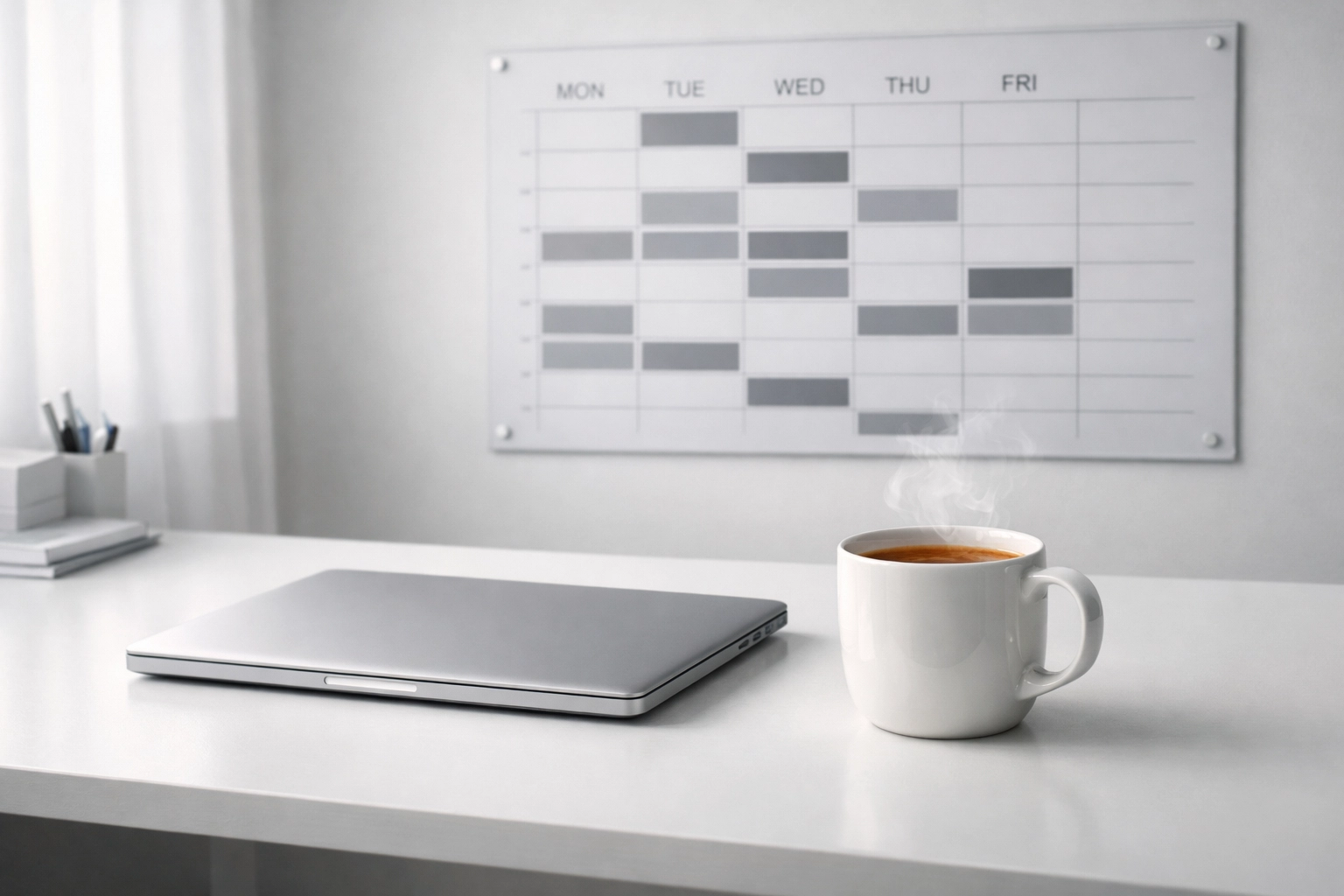 Organized creative workspace with calendar showing scheduled daily creative time and discipline