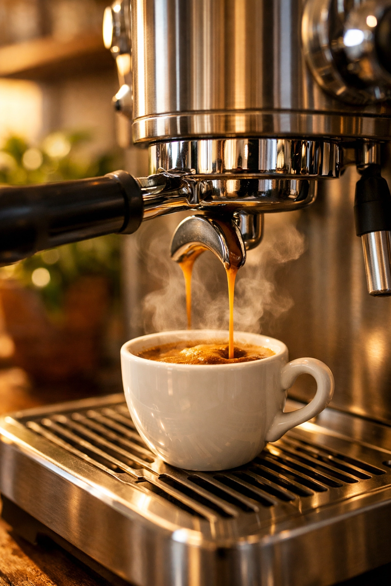 Rich espresso extraction with thick golden crema flowing from a portafilter into a porcelain cup.