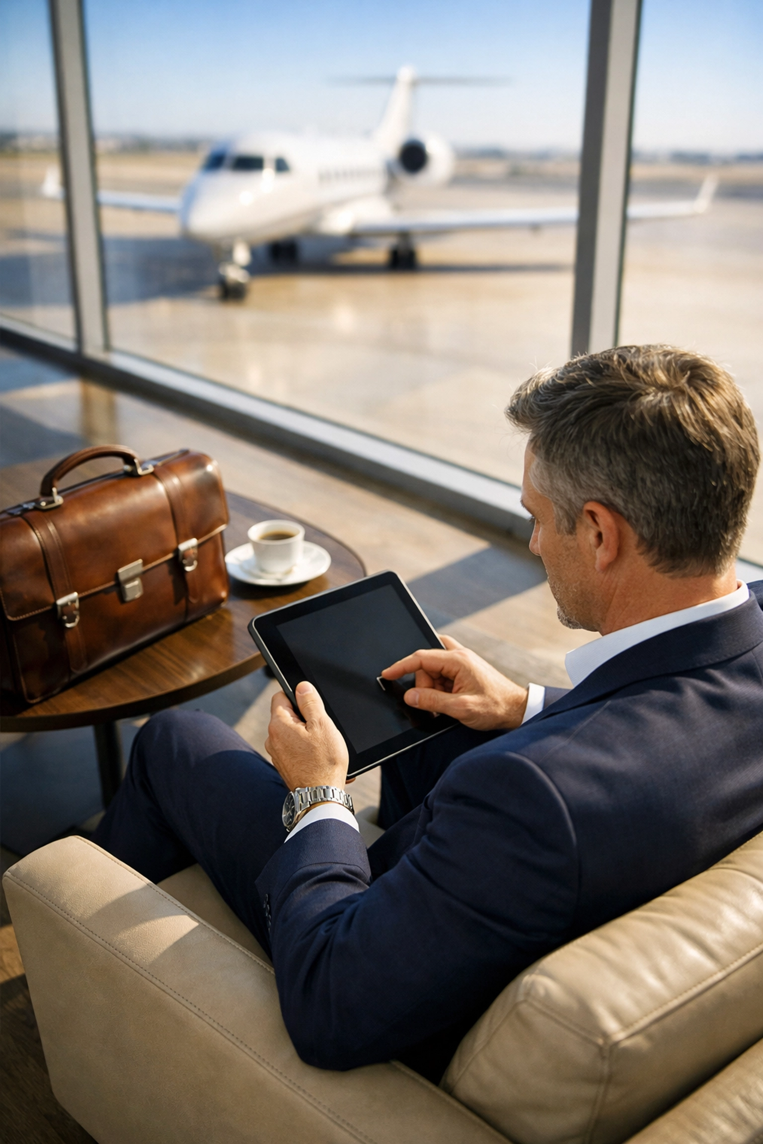 Executive planning Super Bowl networking in a luxury private jet lounge before departure.