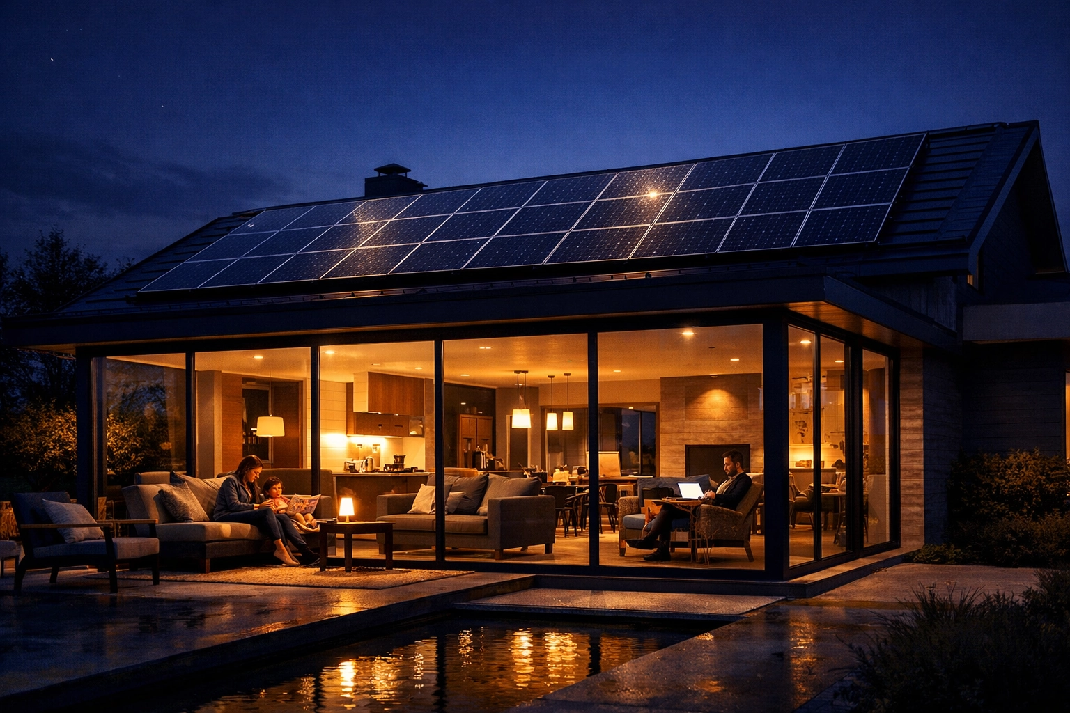 Warmly lit modern home at dusk powered by rooftop solar panels and battery storage.