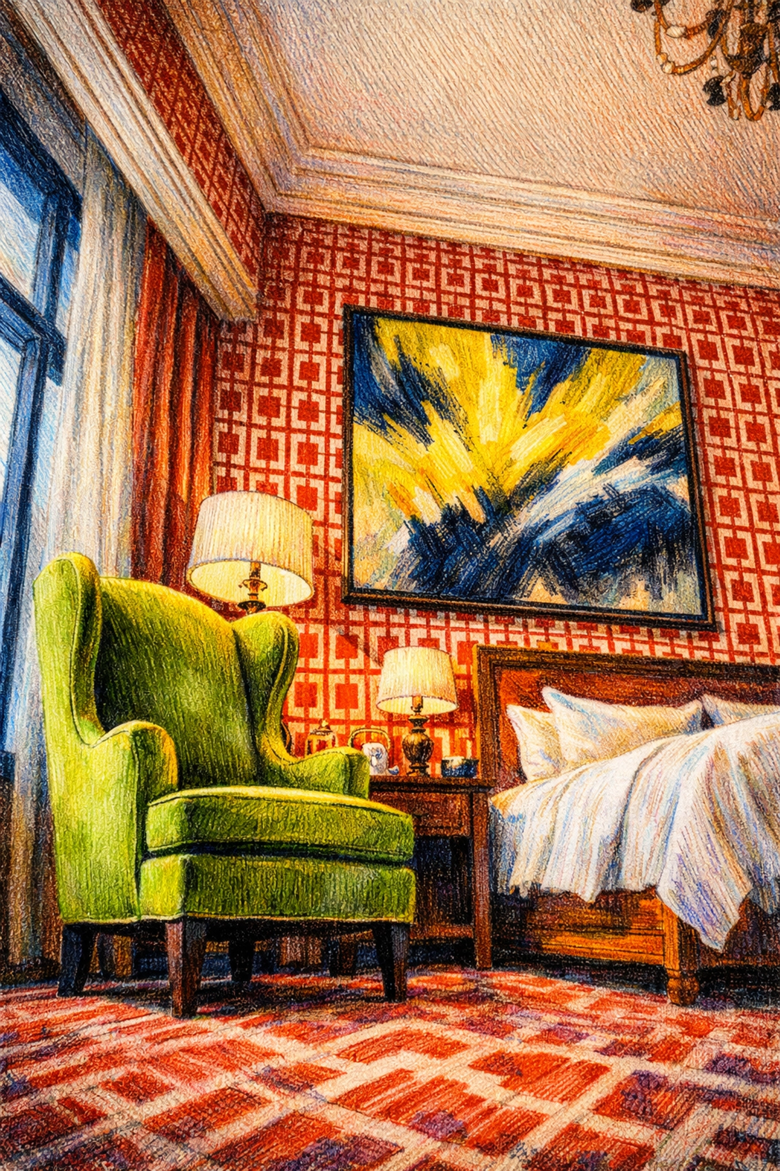 Luxury hospitality design suite with patterned walls, abstract art, and a velvet chair by tall windows