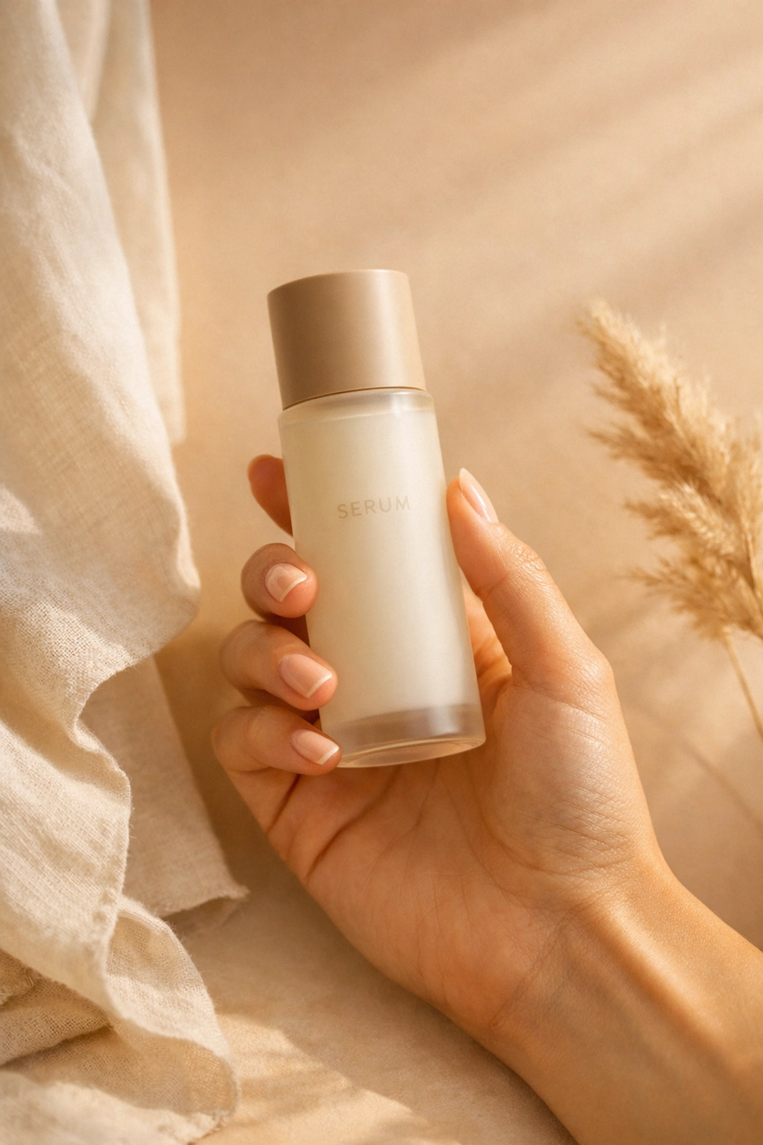 Hand holding ESK Evidence Skincare bottle showcasing minimalist clean packaging