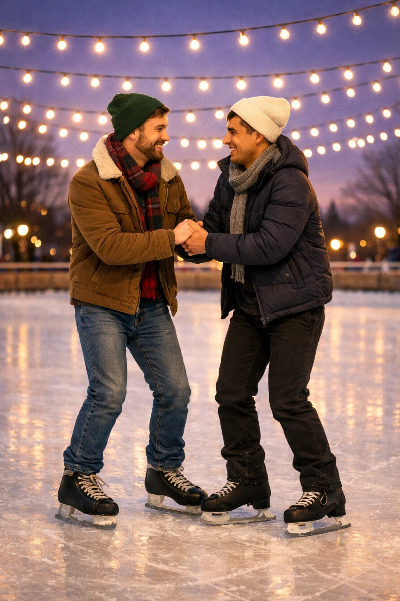 Gay couple ice skating hand-in-hand at dusk on outdoor rink - romantic winter date idea