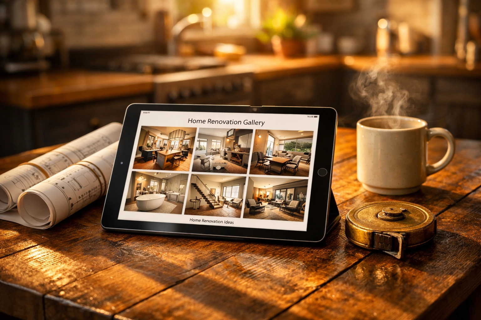 Digital research for builders in Bognor Regis shown on a tablet with architectural blueprints.