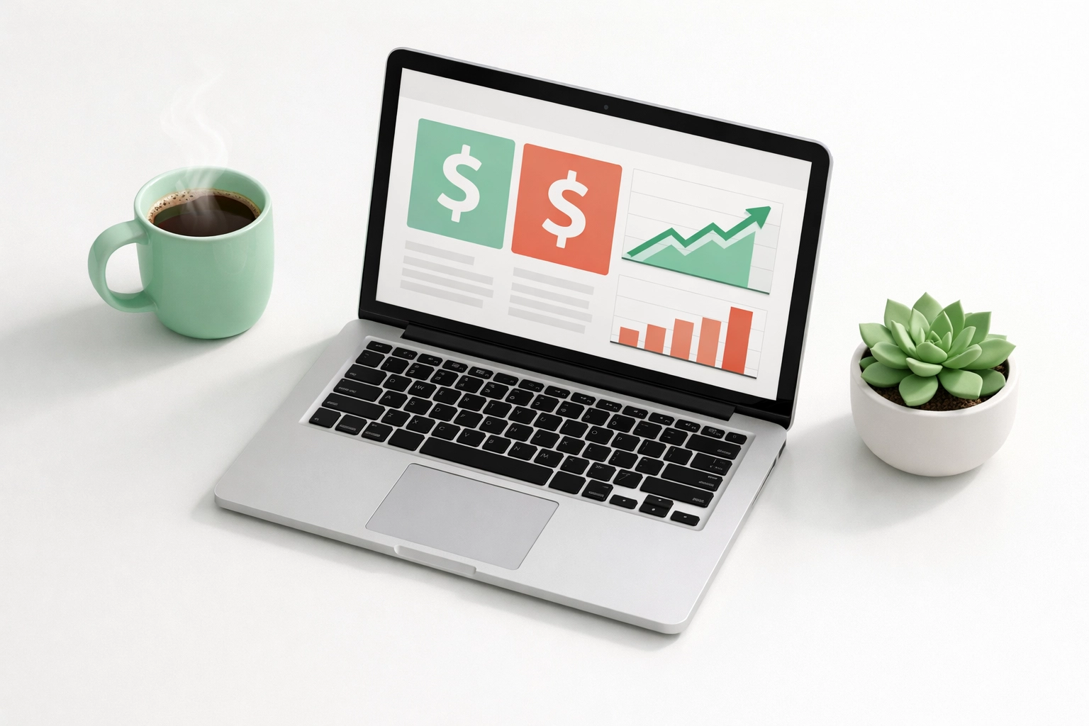 Laptop workspace showing digital product profit dashboard with low startup cost investment