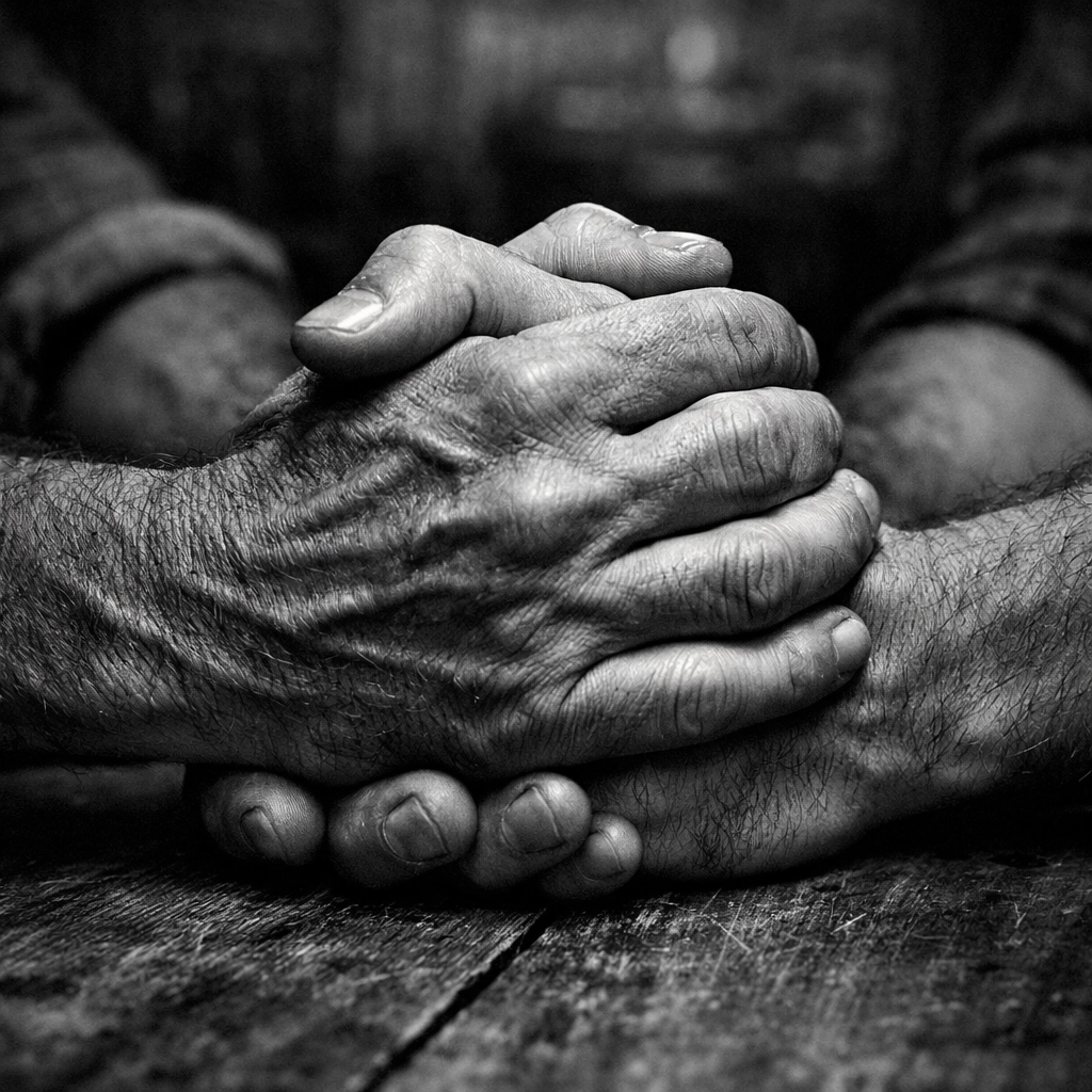 Clasped hands of gay men showing solidarity during the 1980s AIDS activism and health care struggle.