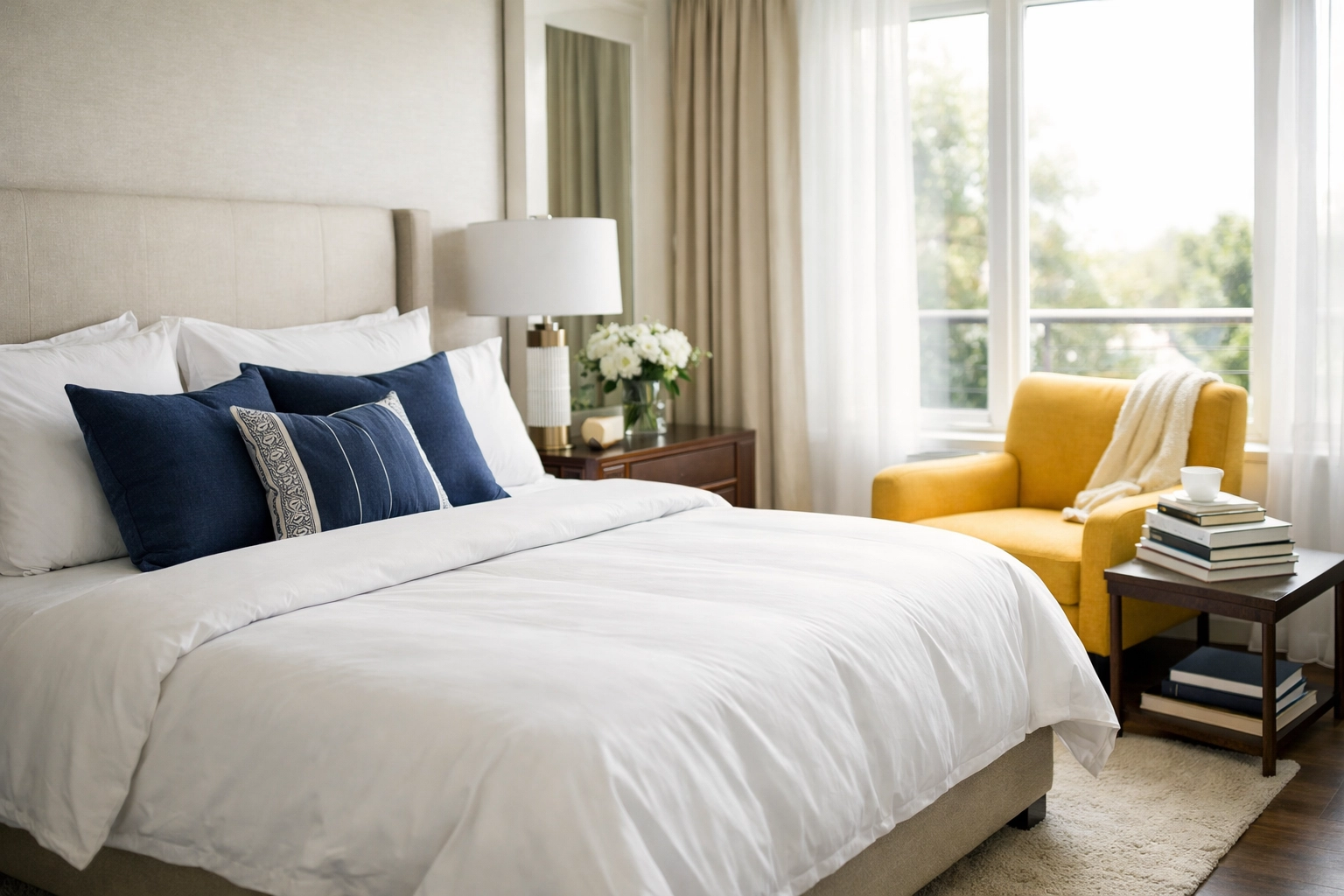 Clean and organized master bedroom suite showing the benefits of weekly house cleaning Foxborough MA.