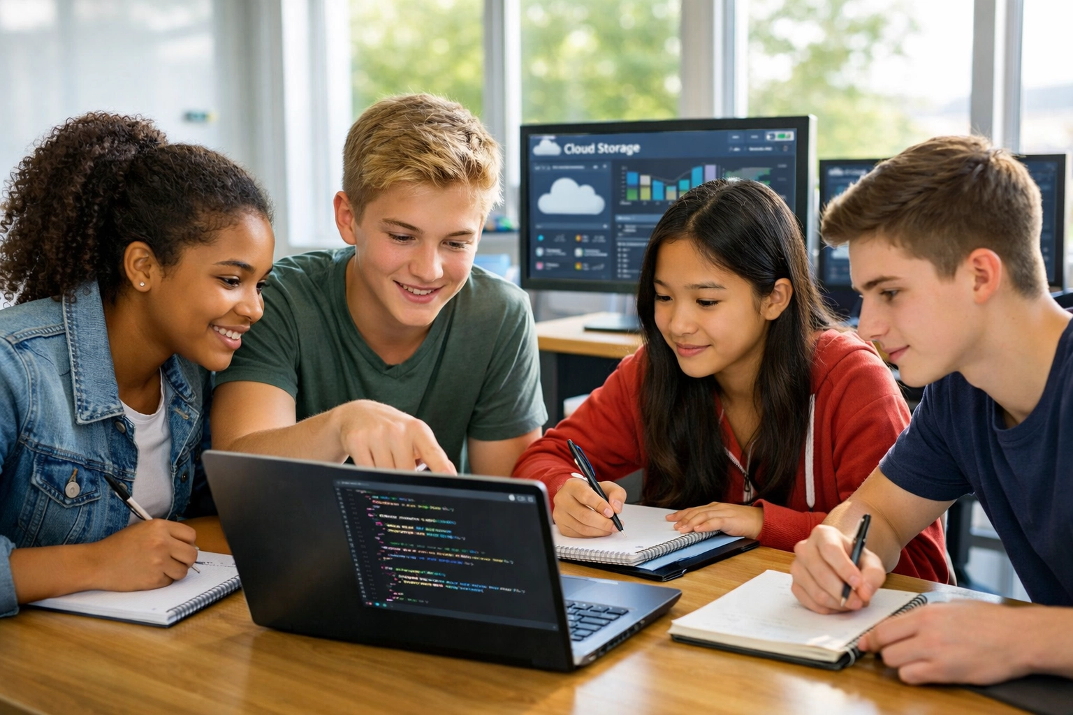 High school students collaborating on cloud computing and coding projects in modern classroom