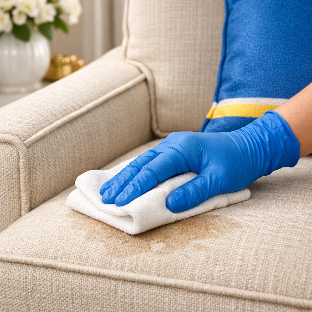 Professional blotting technique to treat upholstery stains in a clean Lowell residence.