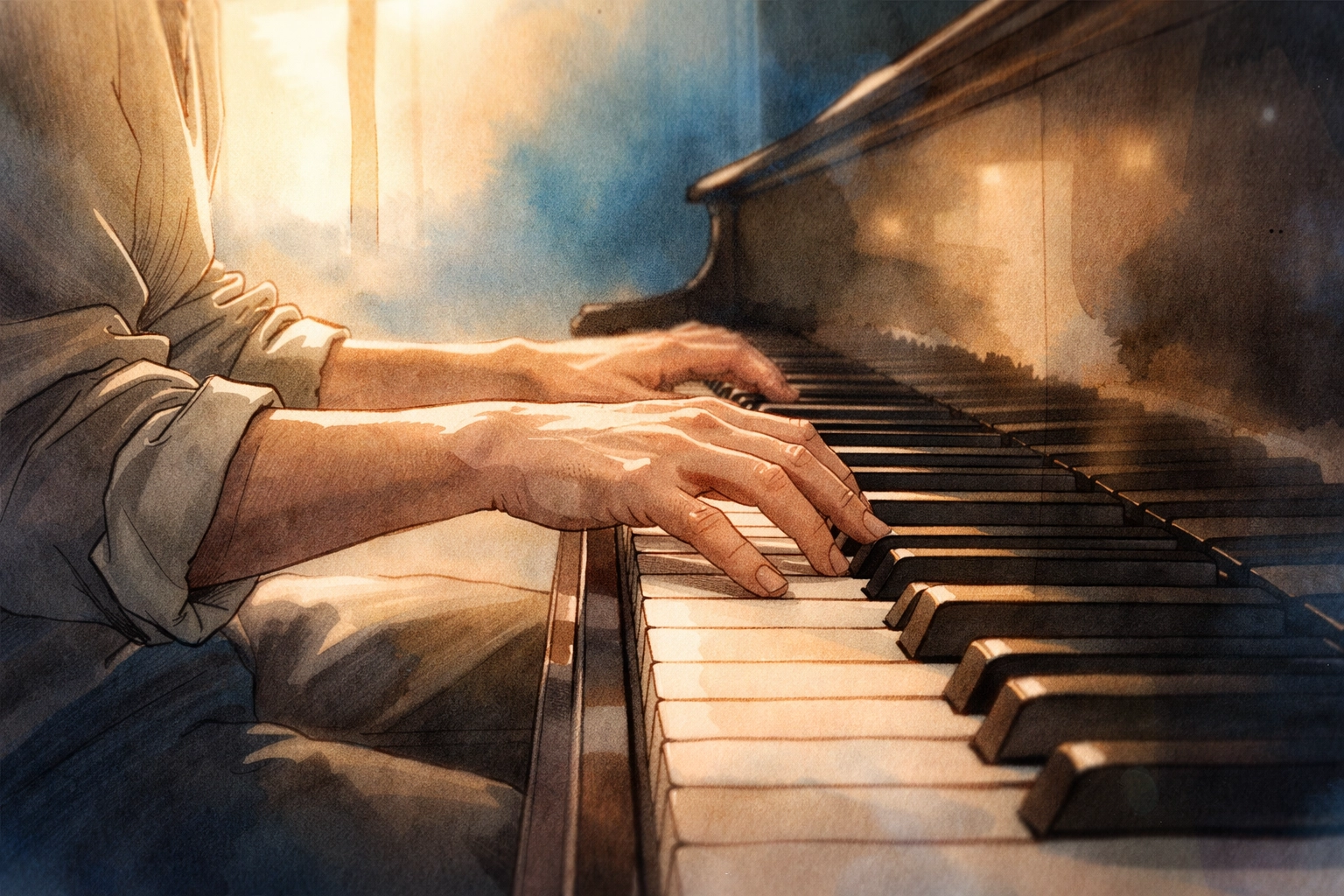Artistic close-up of hands playing a piano, representing Dr. Layne McDonald's musical creativity and Christian inspiration.