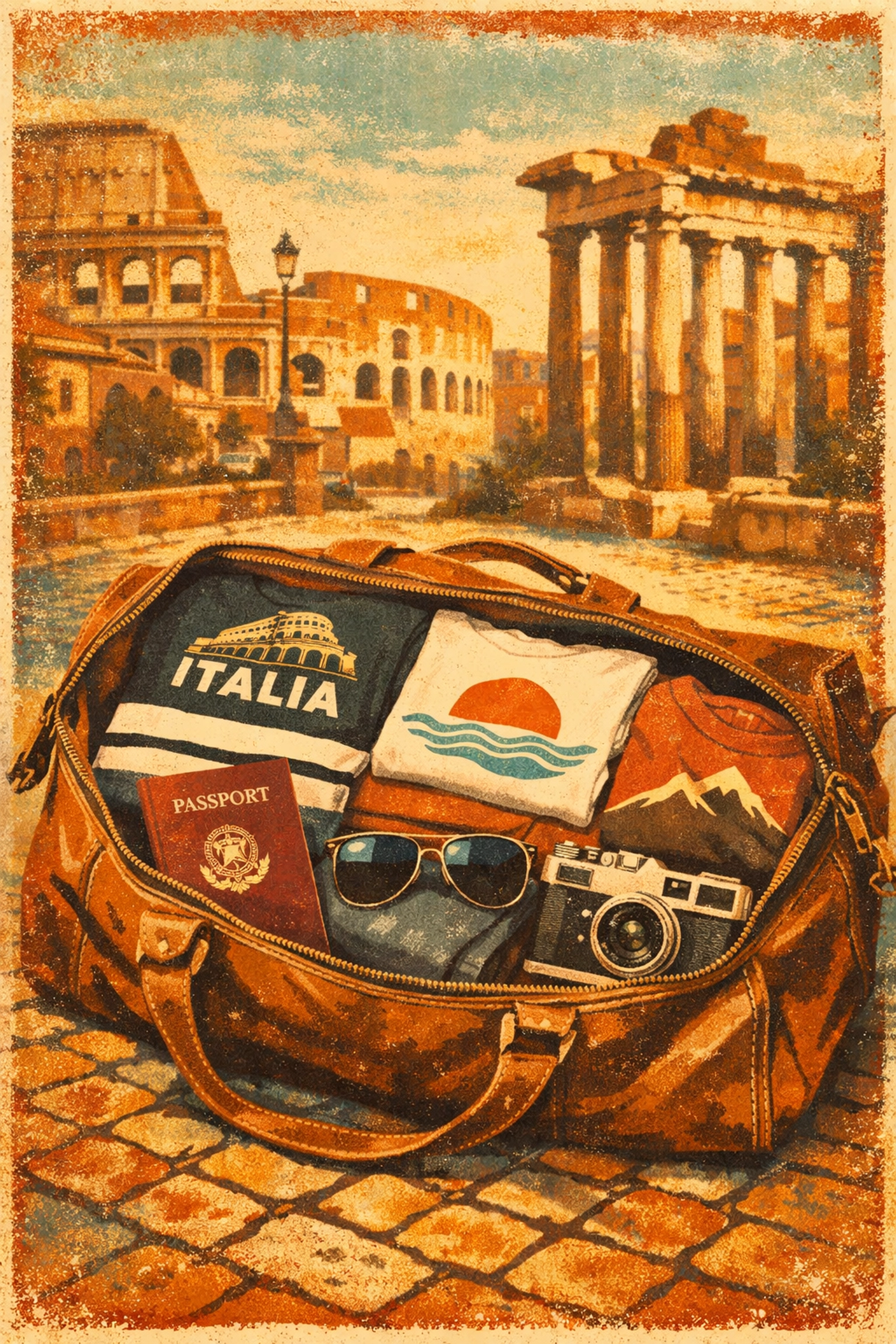 Travel bag with football graphic tees on European cobblestone street in Rome
