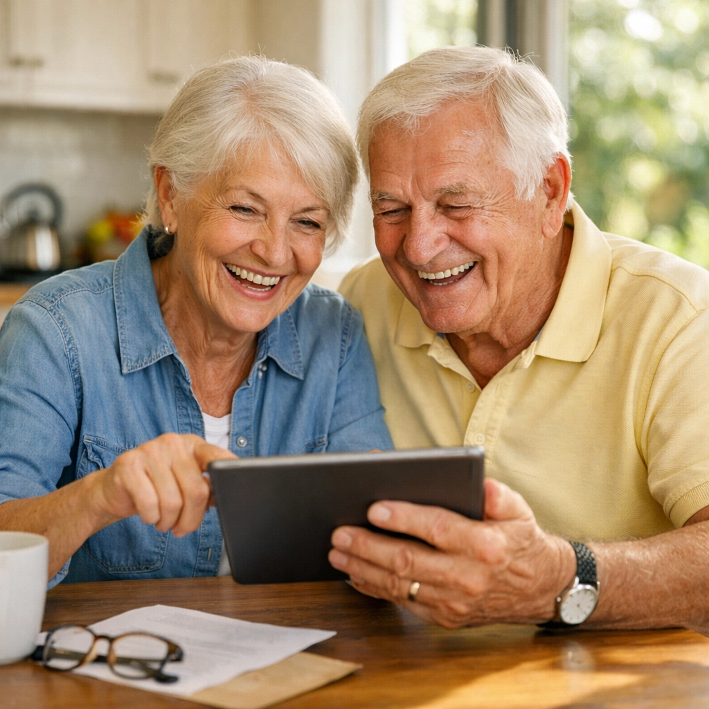Senior couple in a bright kitchen reviewing their reverse mortgage borrowing power.