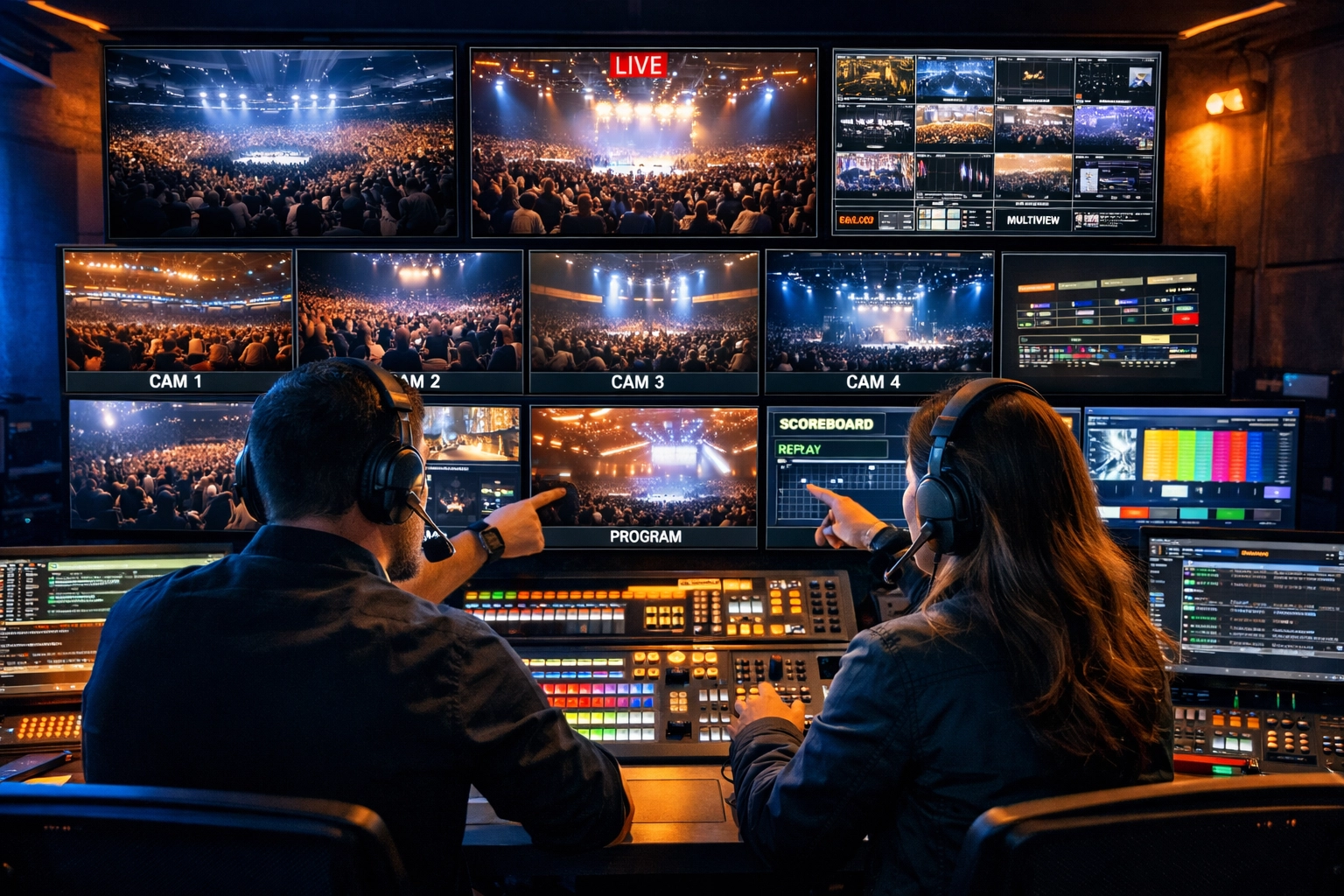 Live production control room managing real-time stadium event broadcast with multiple camera feeds