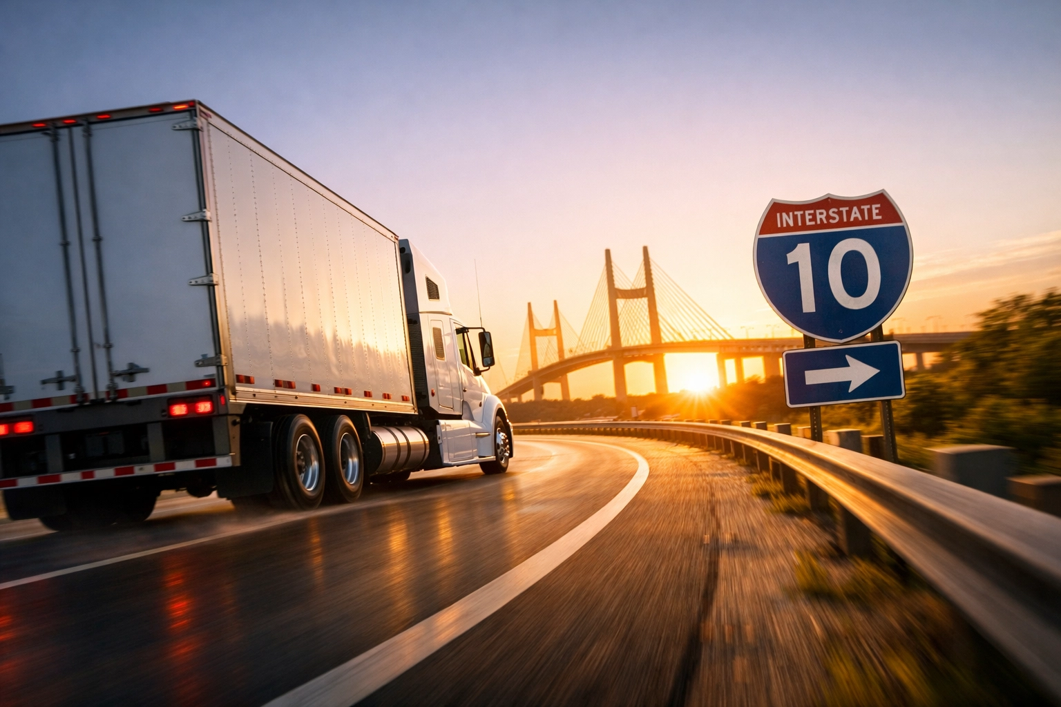 White freight truck merging onto I-10 in Jacksonville, highlighting the 3pl jacksonville logistics edge.