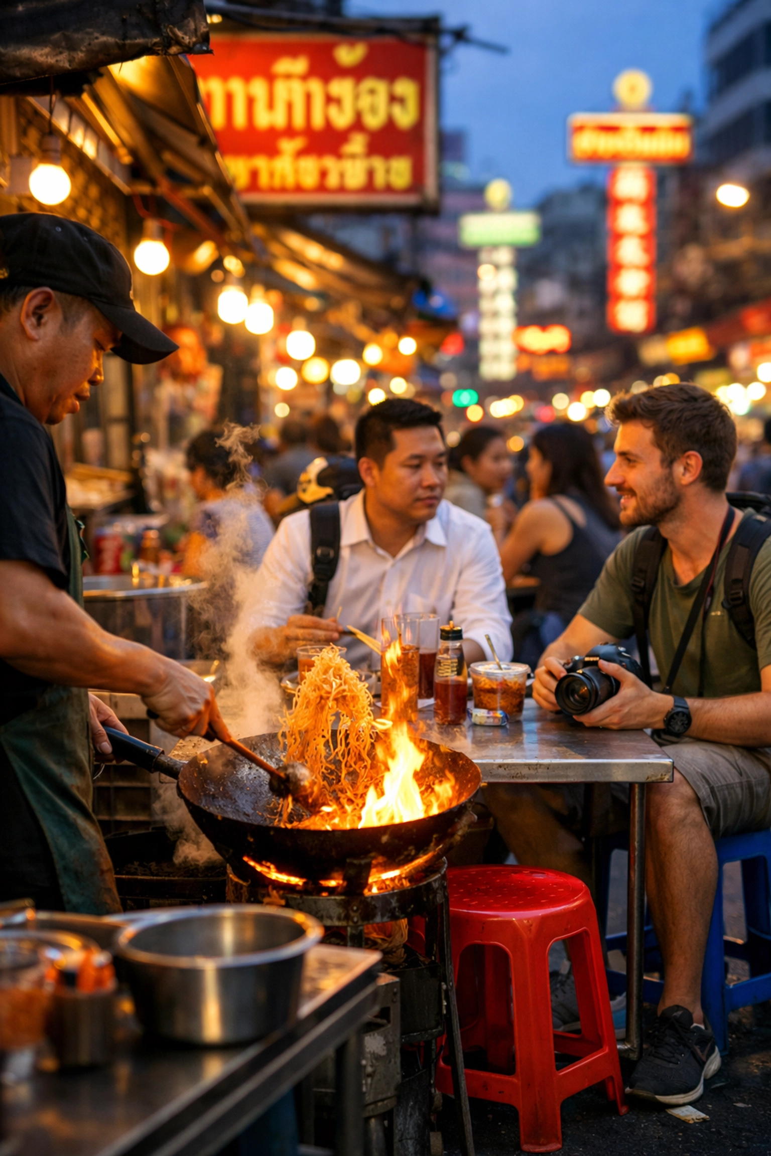 Busy Bangkok street food stall at dusk featuring affordable noodles and local night market dining.