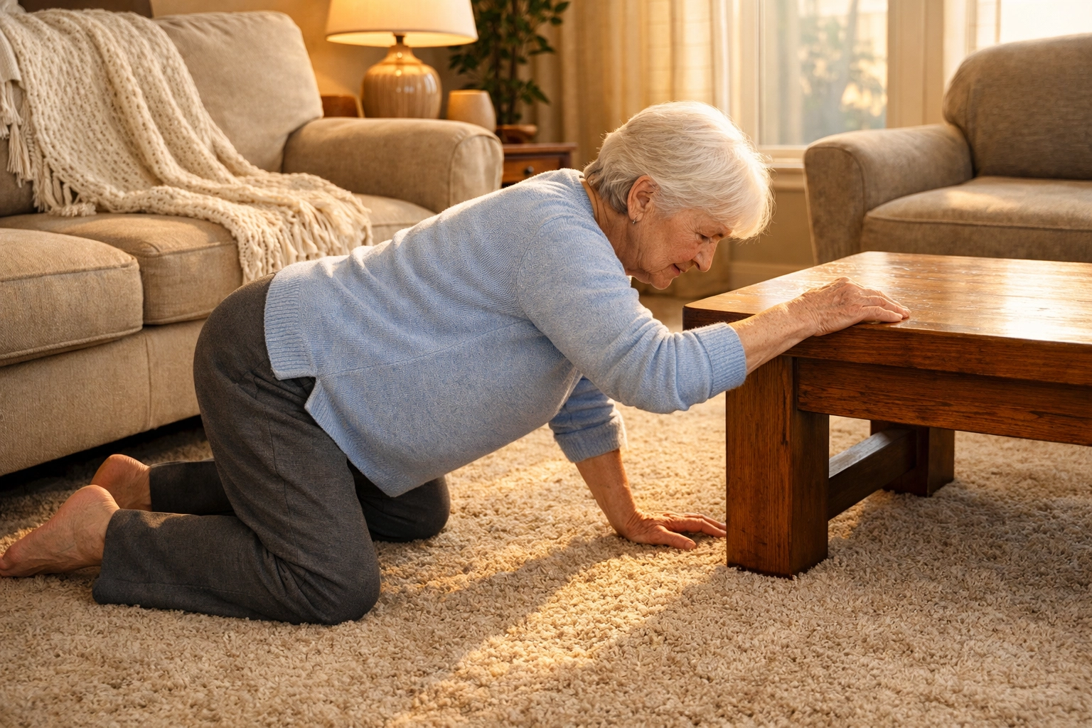Senior crawling toward sturdy coffee table for support during fall recovery