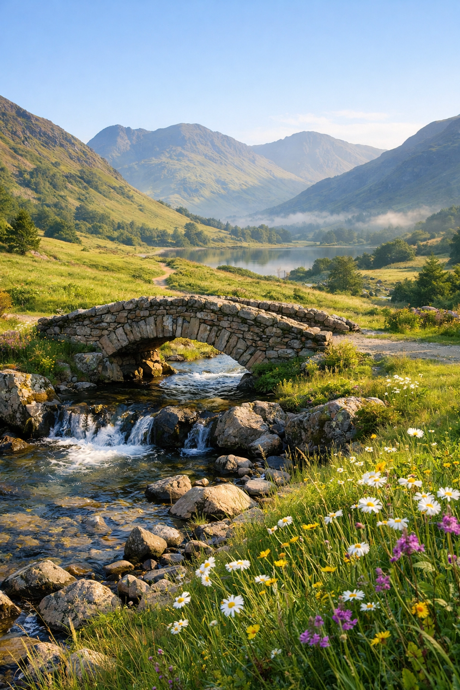Secluded Lake District valley with stone bridge on hidden hiking trail