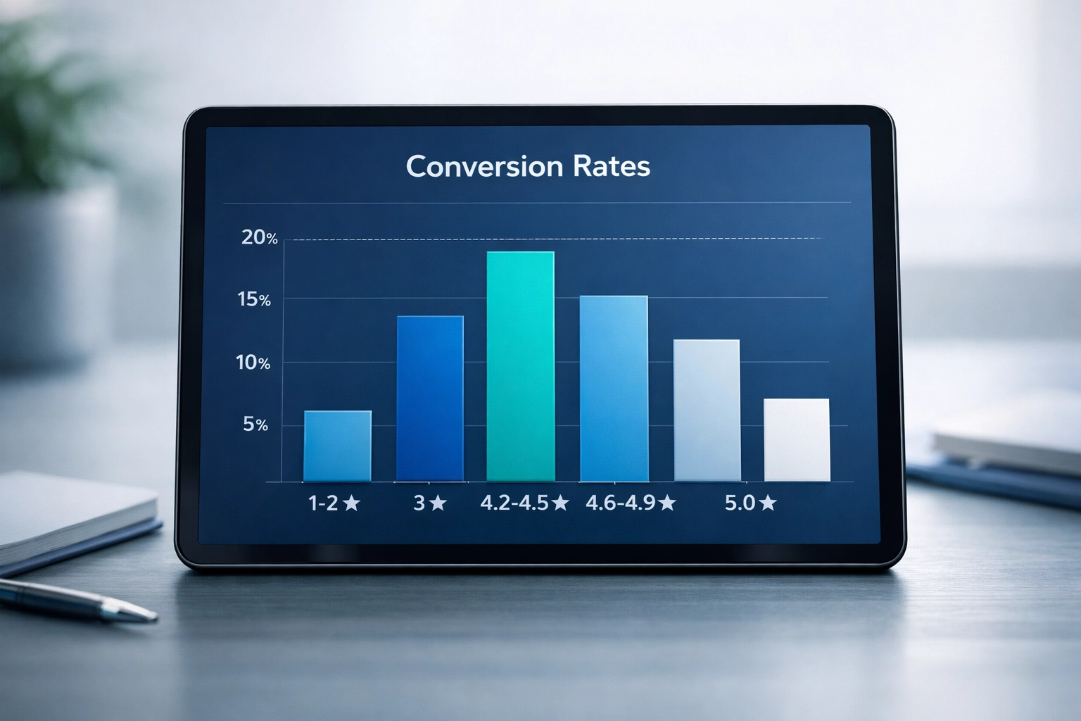 Conversion rate graph showing 4.2-4.5 star ratings outperforming perfect 5-star ratings for local businesses