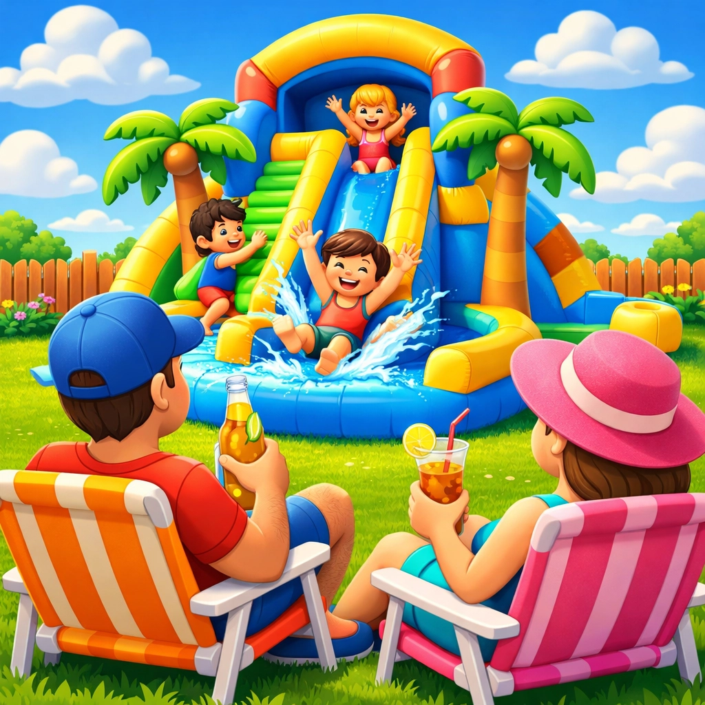 Family enjoying backyard water slide rental staycation with tropical inflatable in Florida