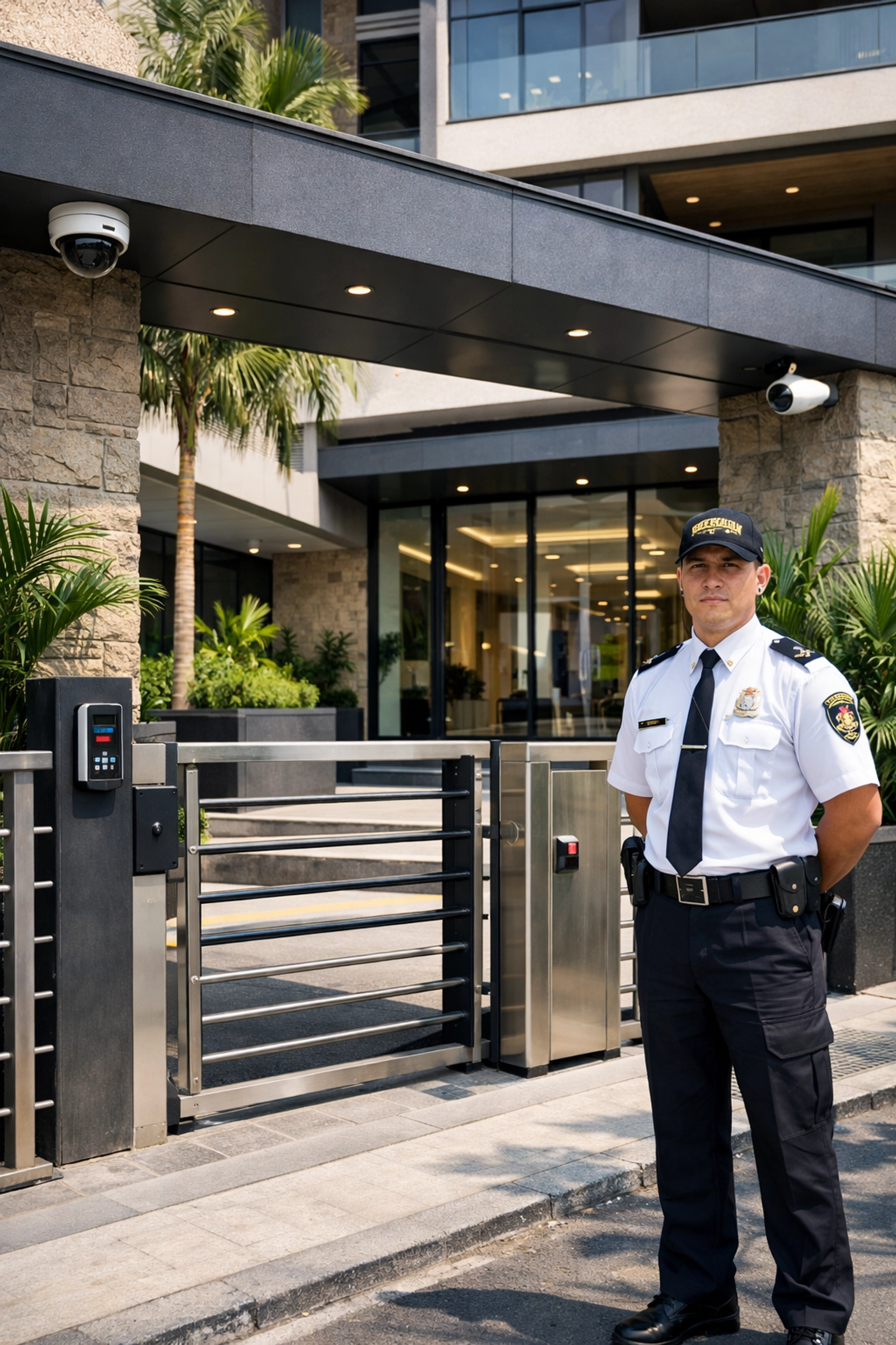 Secure luxury apartment entrance in El Poblado Medellin with professional security guard