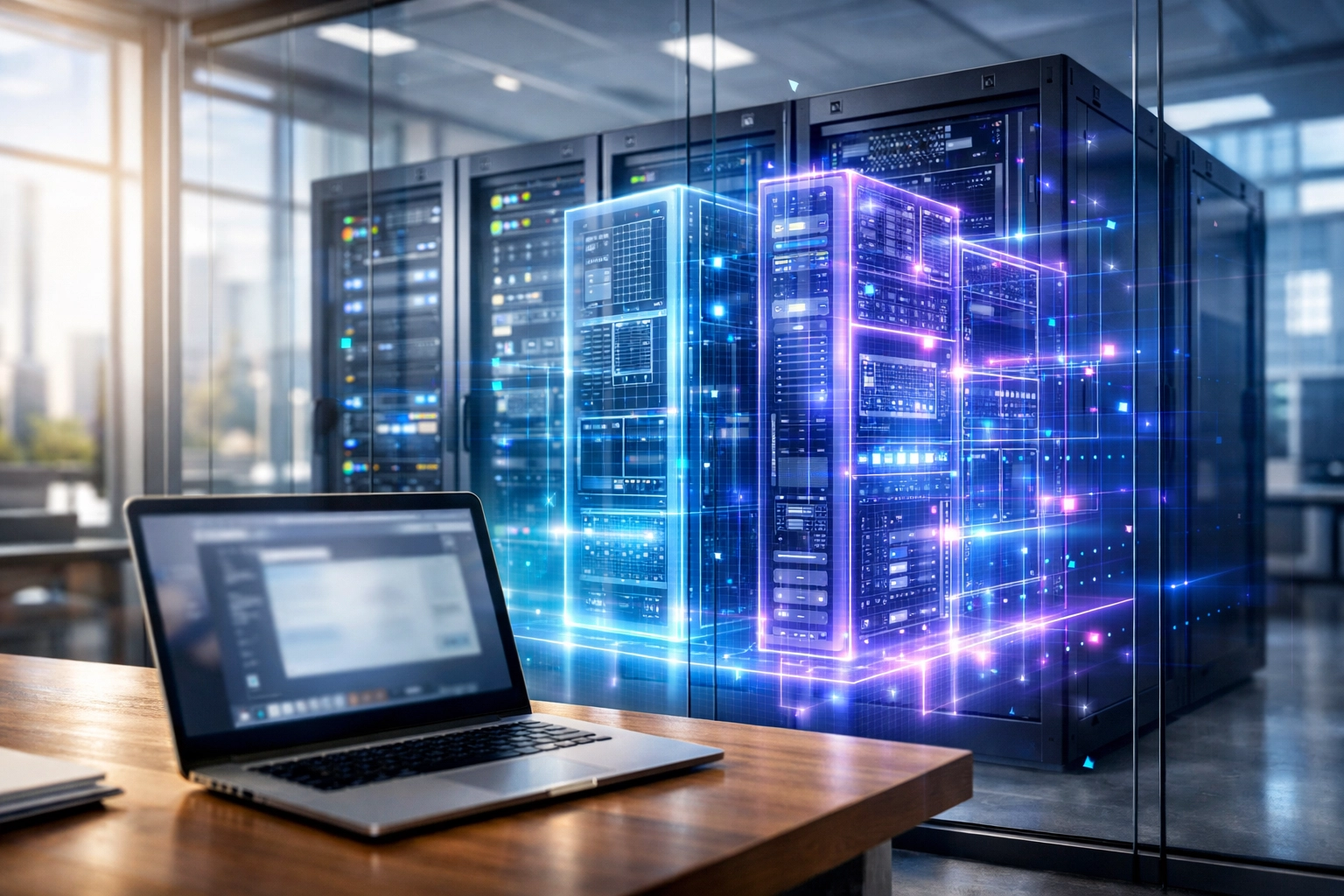 A Denver server room with a virtualization overlay showing instant recovery with managed IT services Denver.