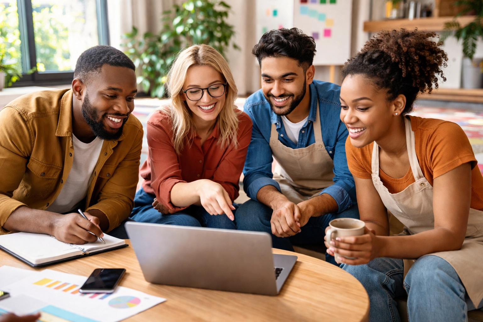 Small business owners planning marketing strategy together in a vibrant co-working space