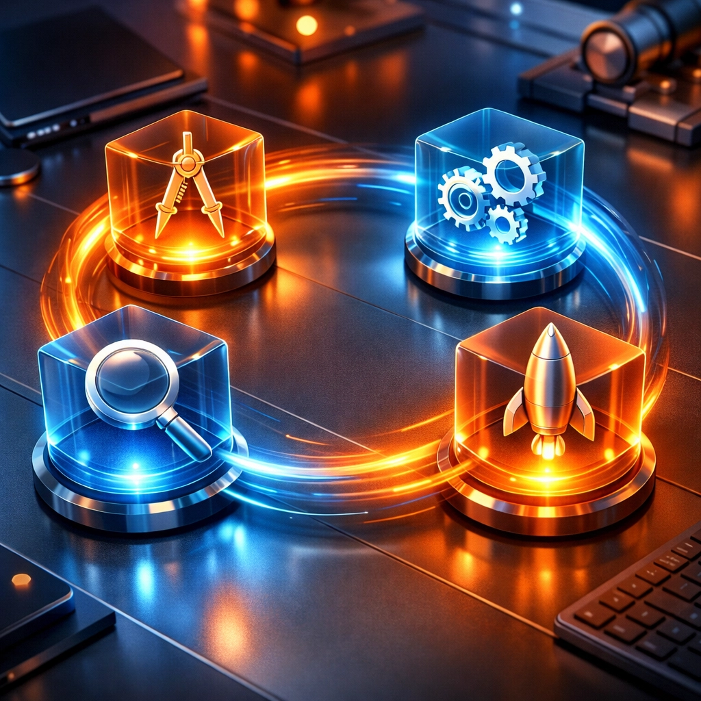 Visual guide showing the four-stage methodology for automating AI customer service through continuous improvement.