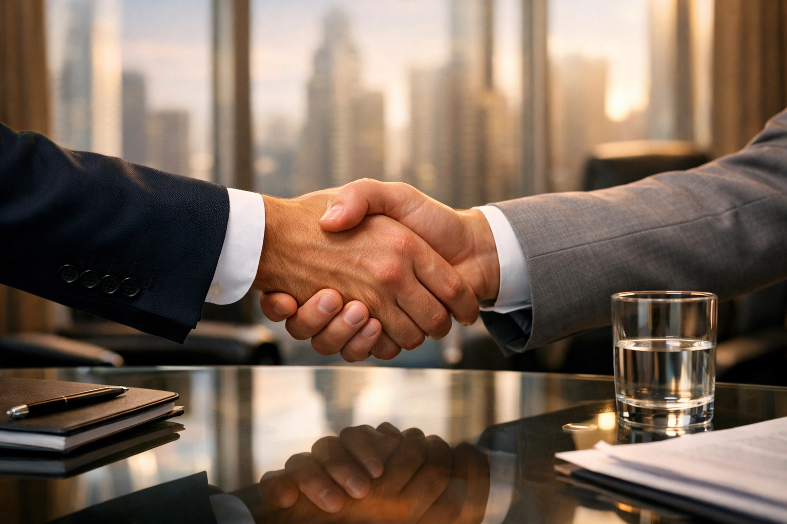 Professionals shaking hands to symbolize a successful international asset recovery settlement.