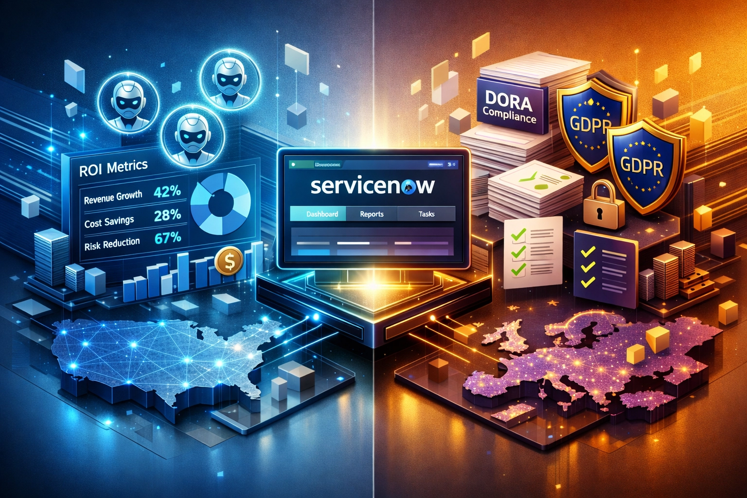US and EU ServiceNow compliance visualization showing DORA and GDPR regulatory requirements