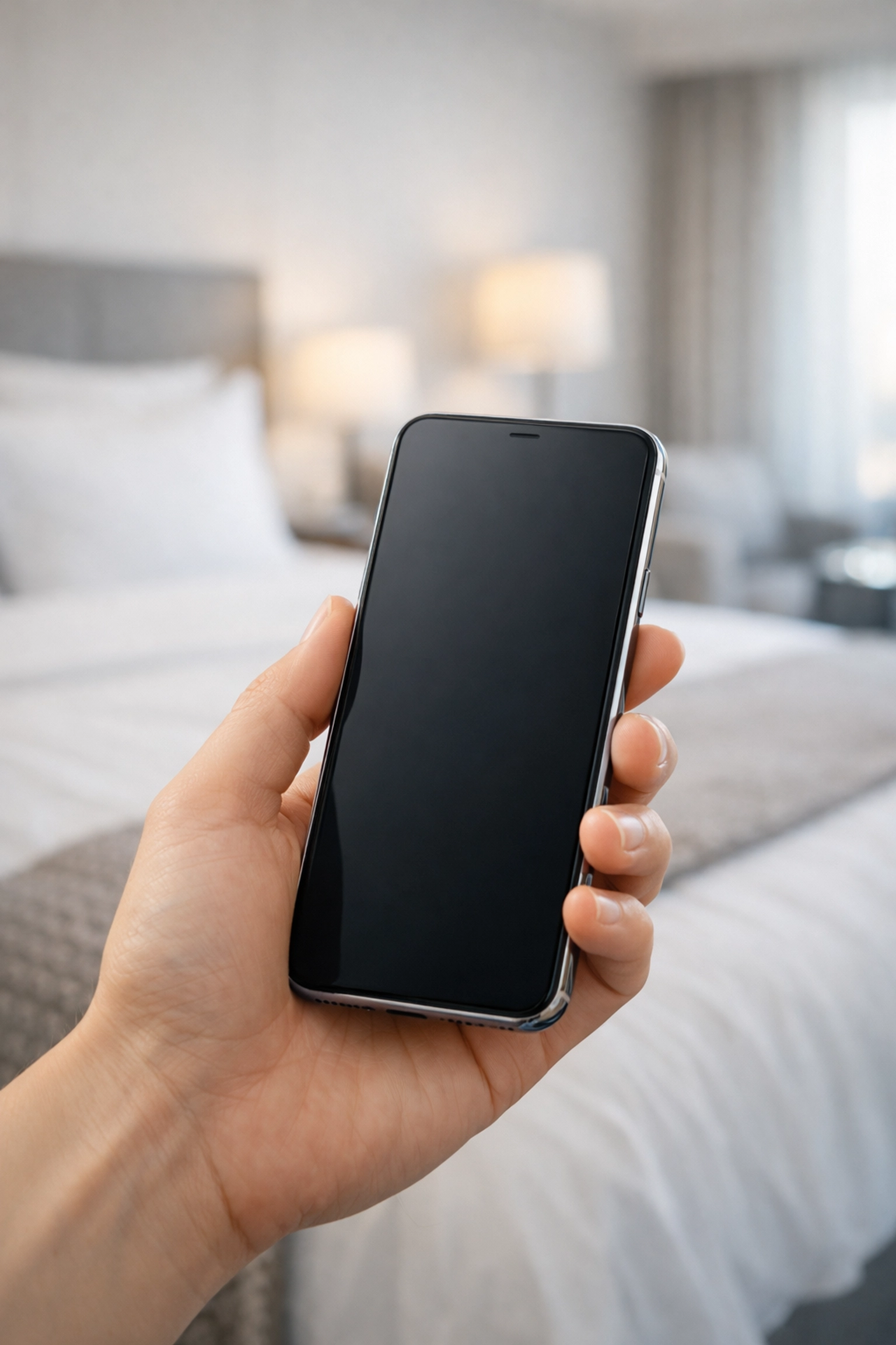 Close-up of a guest using a mobile device for seamless room control and digital hotel services.