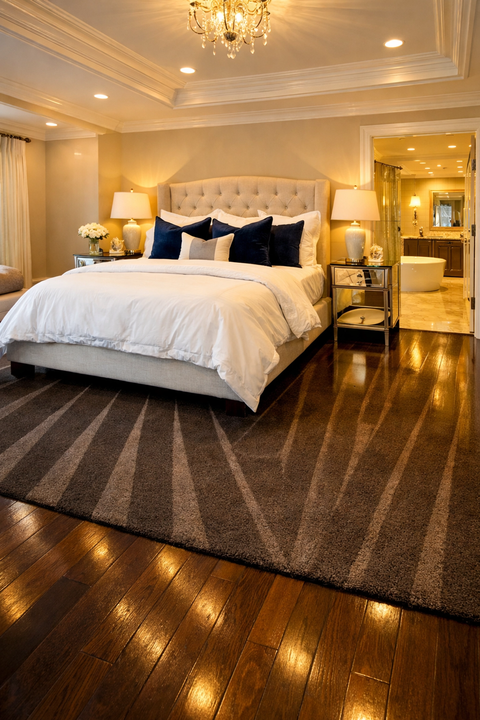 A pristine master suite with vacuum lines and fluffed pillows after residential cleaning Massachusetts.