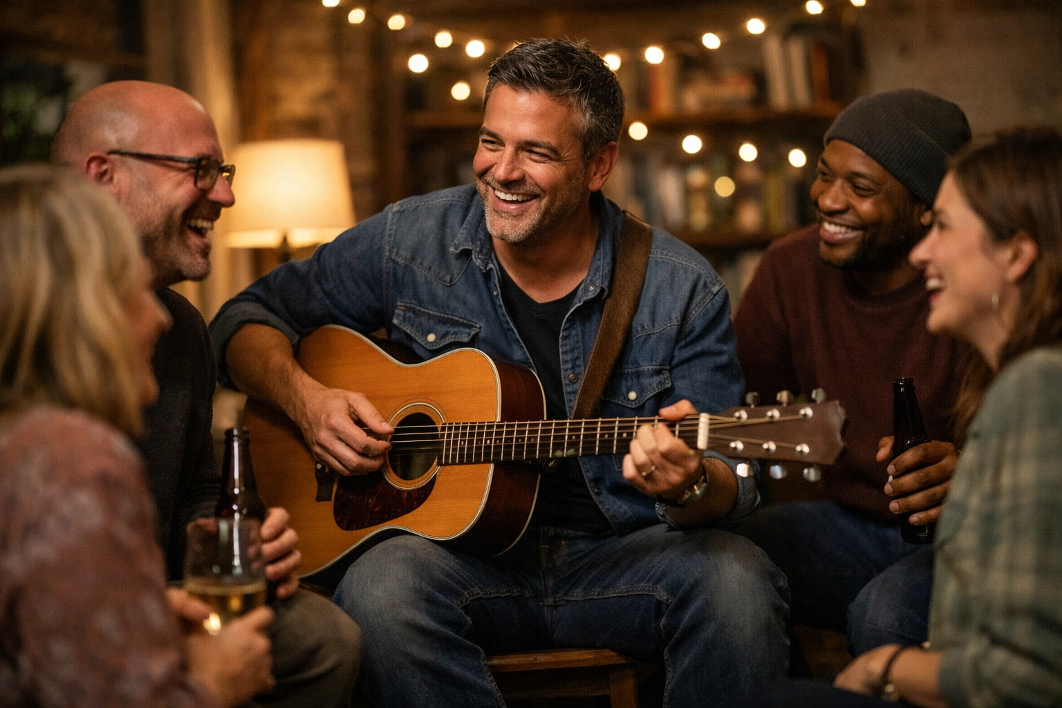 Confident adult student playing guitar for a group of friends in a social setting.