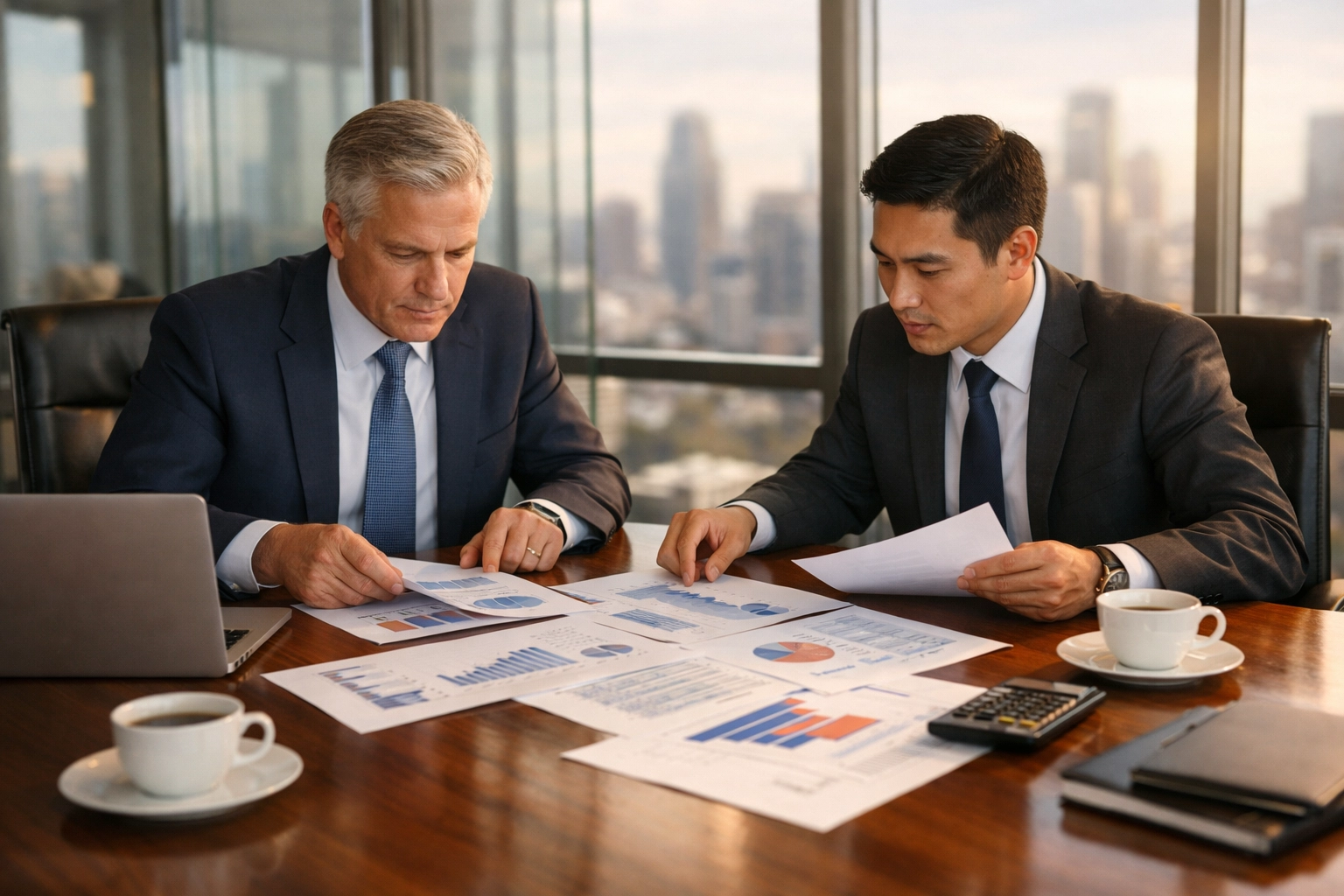 Business executives reviewing commercial due diligence documents and charts in modern conference room