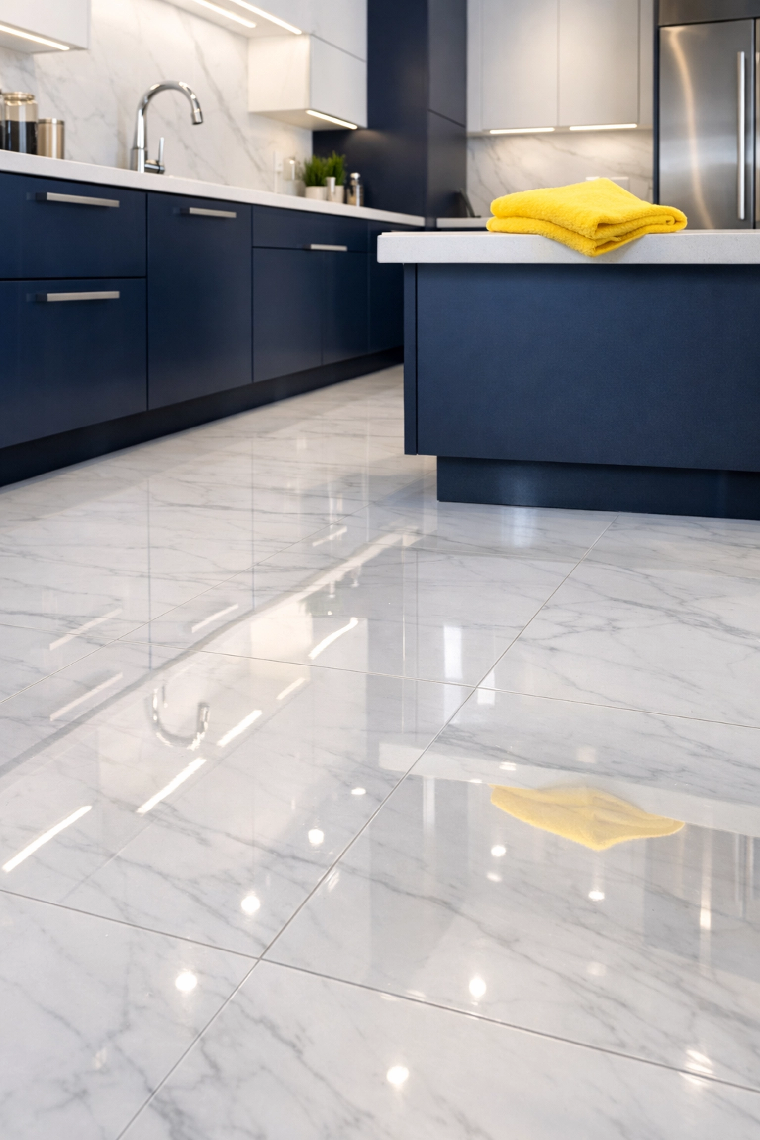 Sparkling marble kitchen floors in a luxury Boston apartment turnover following deep cleaning services.