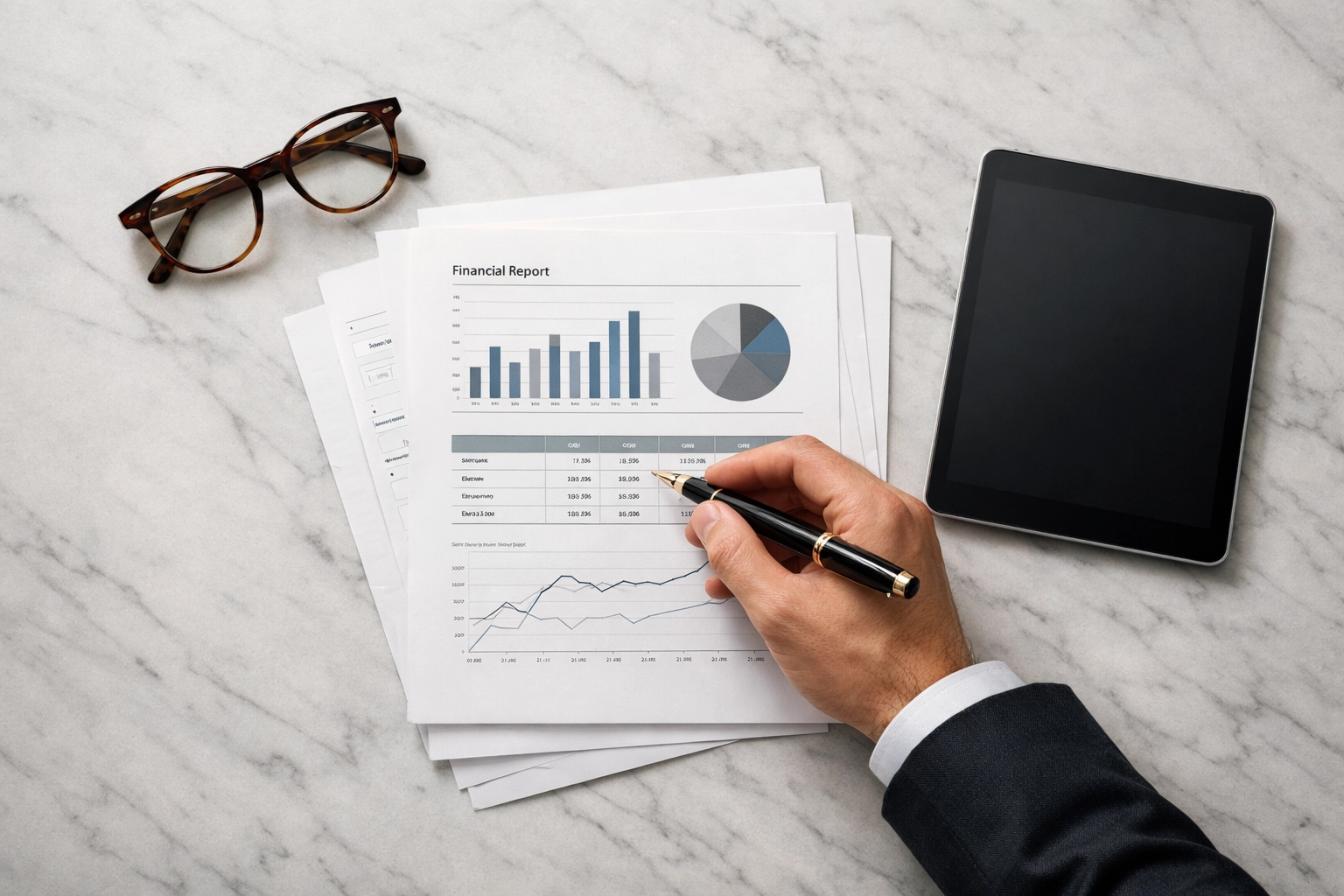 Professional reviewing organized business bank statements to prepare for a loan audit.