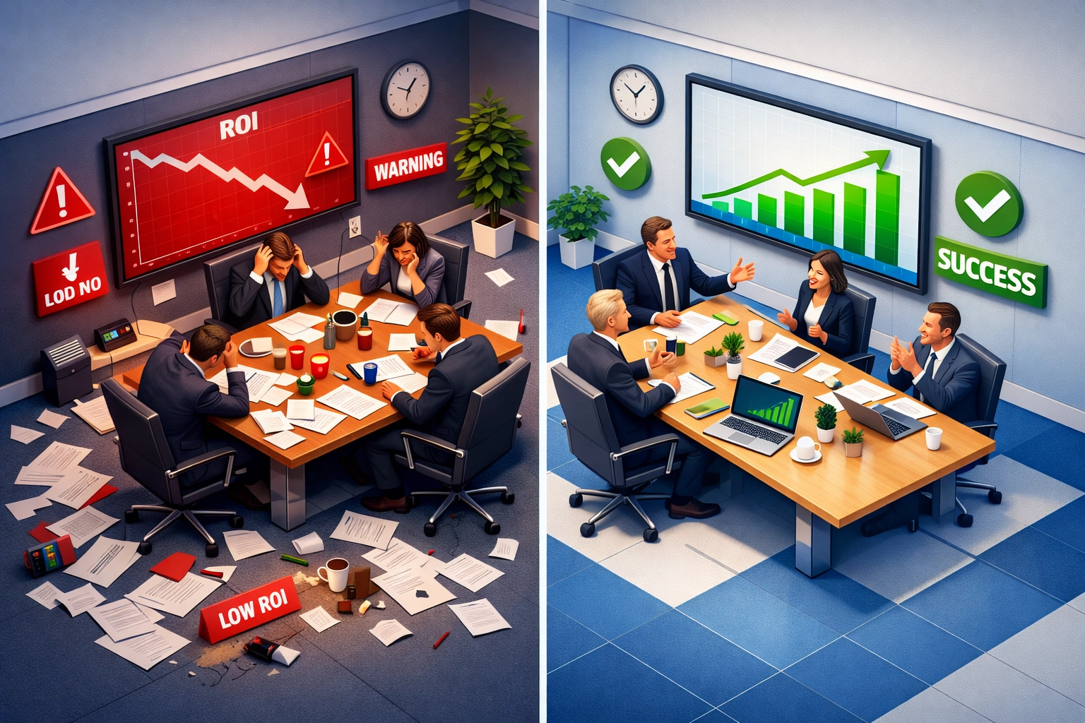 Comparison of failed ServiceNow implementation with budget overruns versus successful partner-led ROI growth