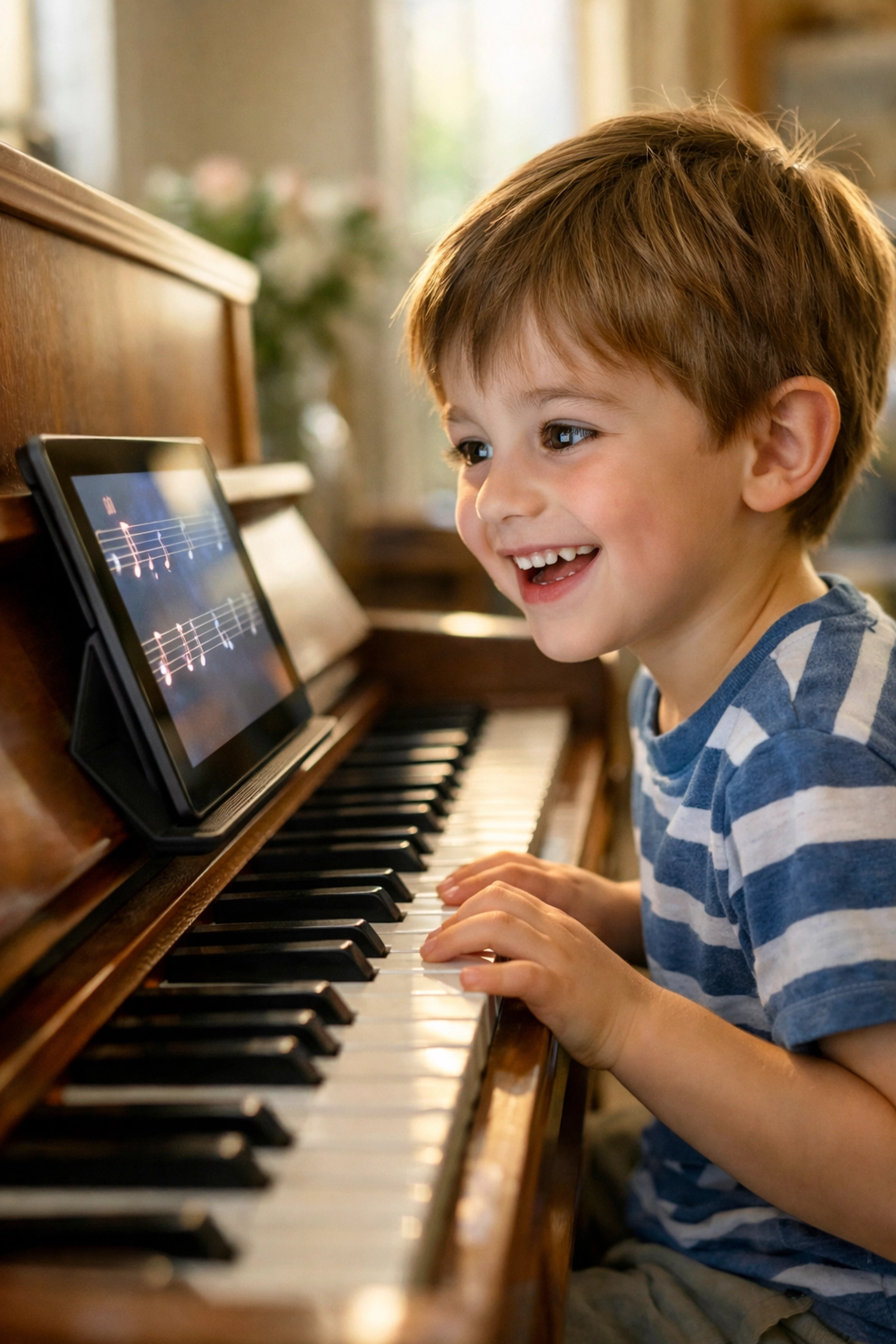 Young child using a gamified piano app on a tablet for engaging piano practice at home.