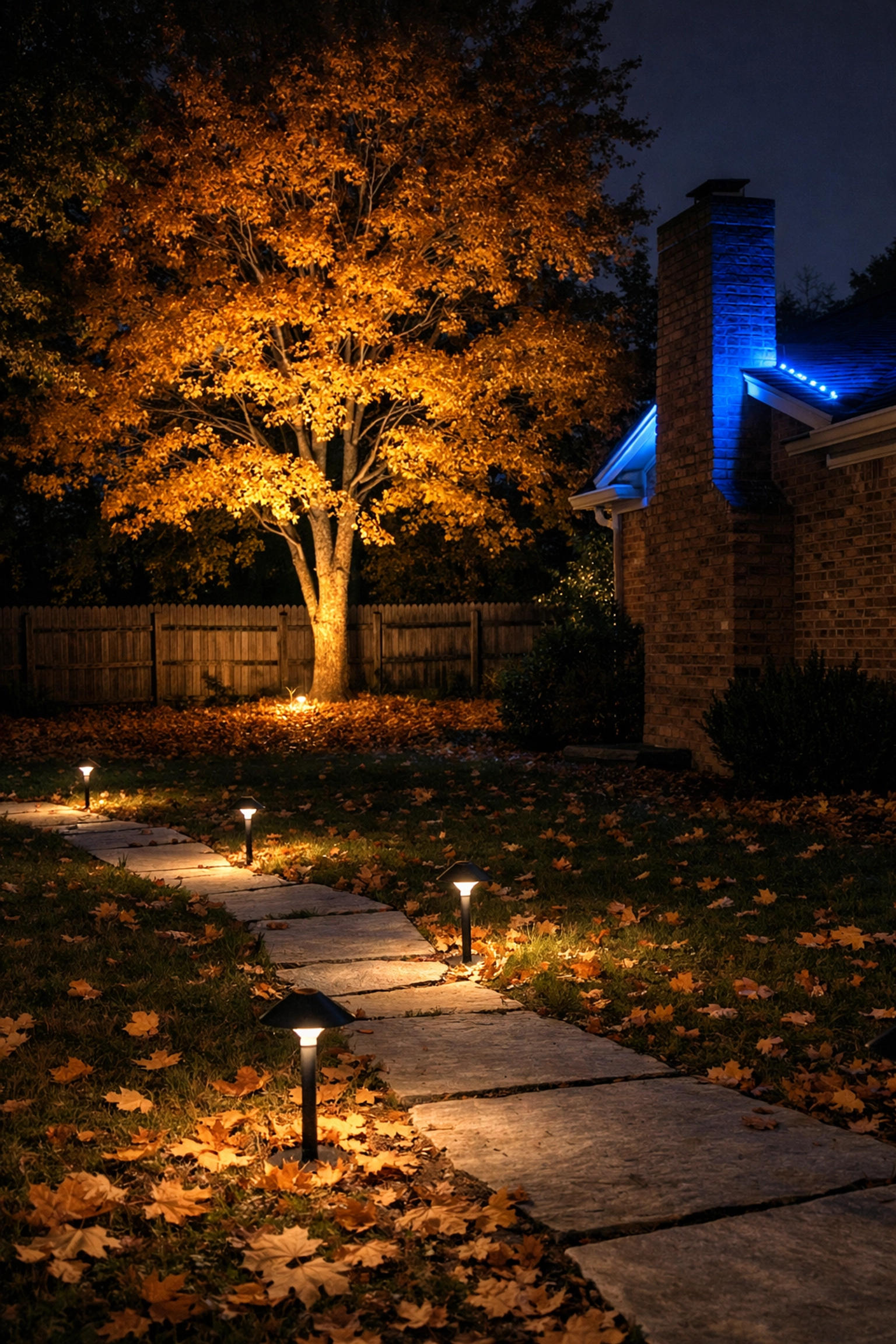 Layered landscape lighting illuminating trees, pathways, and home architecture on fall evening