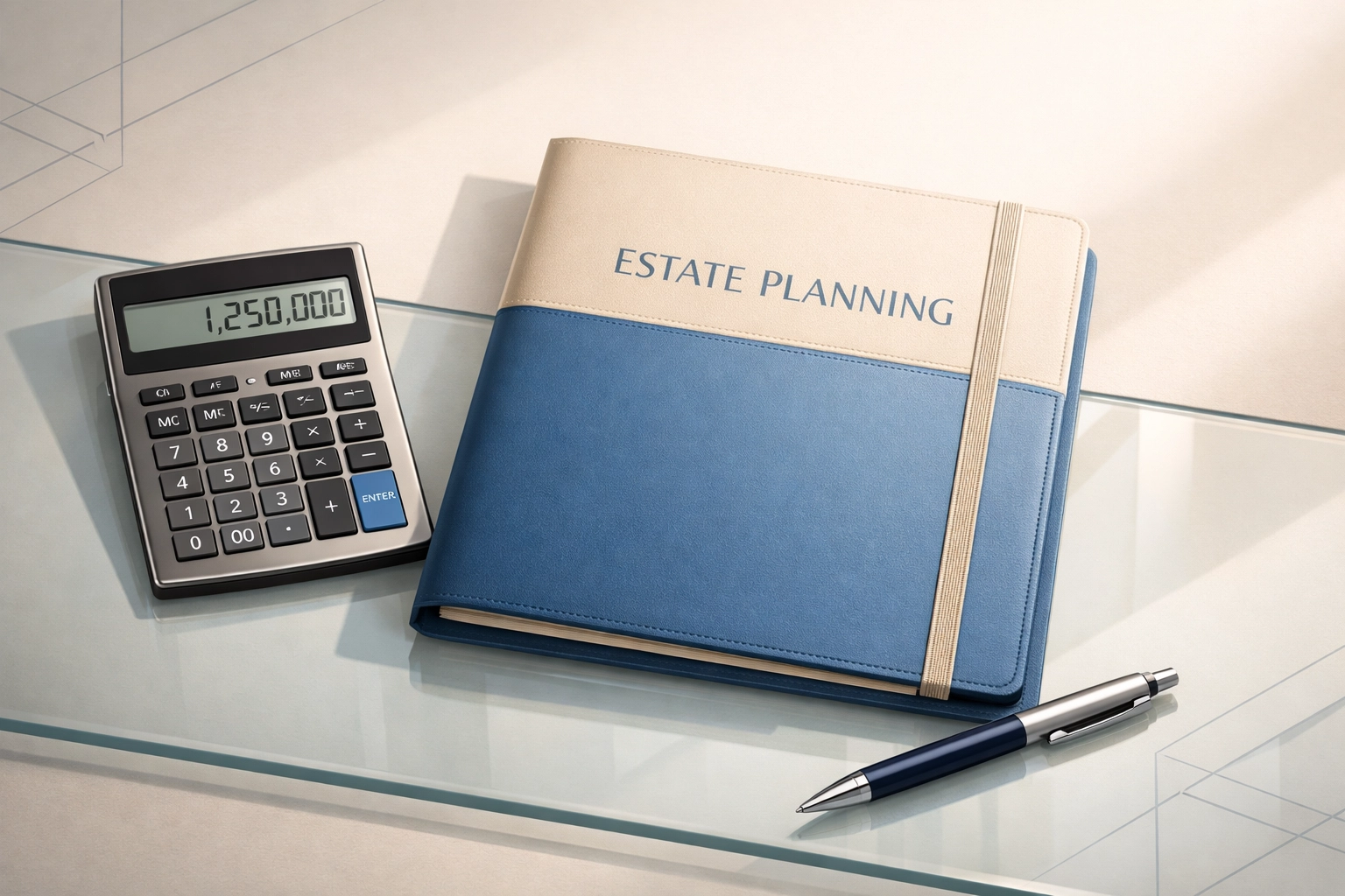 Estate planning documents and financial calculator for high-net-worth wealth management strategy